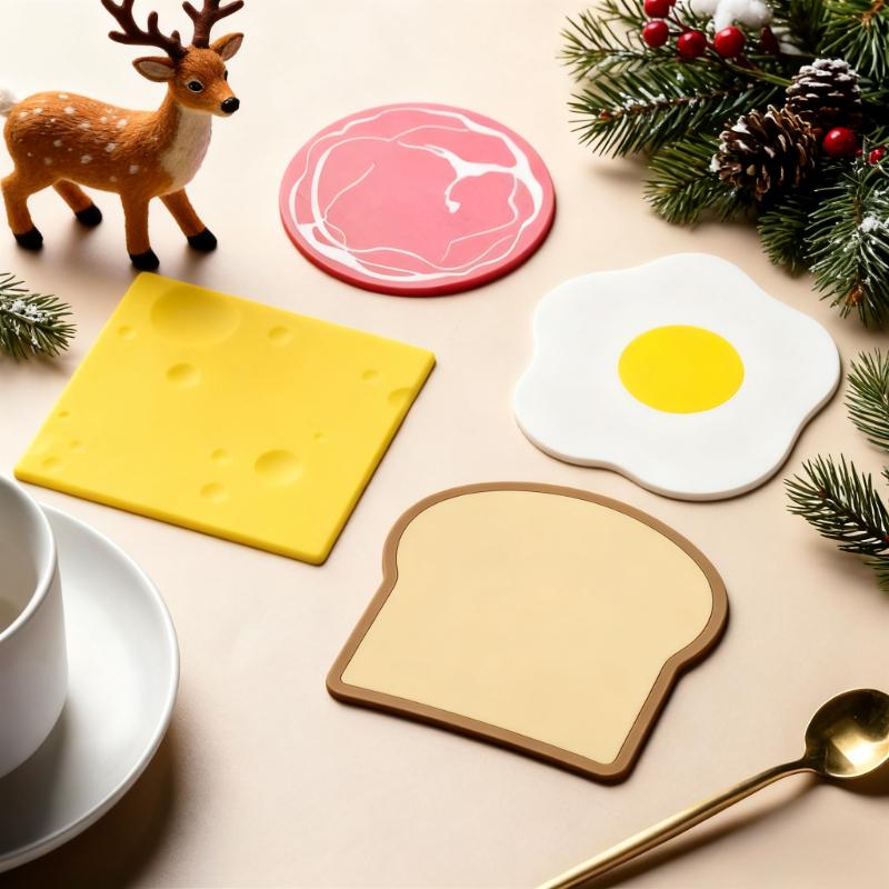 1pc of Silicone Coaster for HCute Food Shapedome Decor, Available in Four Designs: Ham, Cheese, Egg, And Toast Shapes.It Is Non-Slip, Heat-Resistant, And Serves As a Coffee Coaster And Desktop Protector.Easy to Clean by Hand, Perfect for Families, Cafes