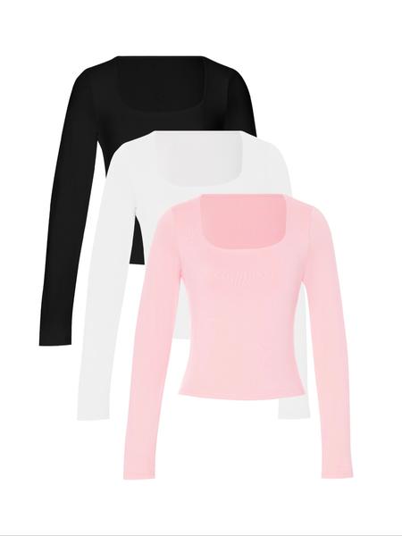 Women's Slim-Fit Long Sleeve Square Neck T-Shirt Set, Cute Style, Moderate Fabric Thickness, All Seasons Wear, 3-Piece Combo Pack, Tops