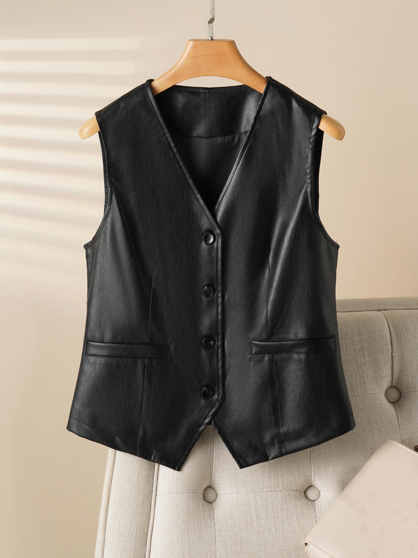 Women's PU Leather Vest Top, Single Button Front, Sleeveless V Neck, Casual Fitted Style, Spring & Fall Fashion, Moderate Fabric Thickness, Casual Comfy Vests
