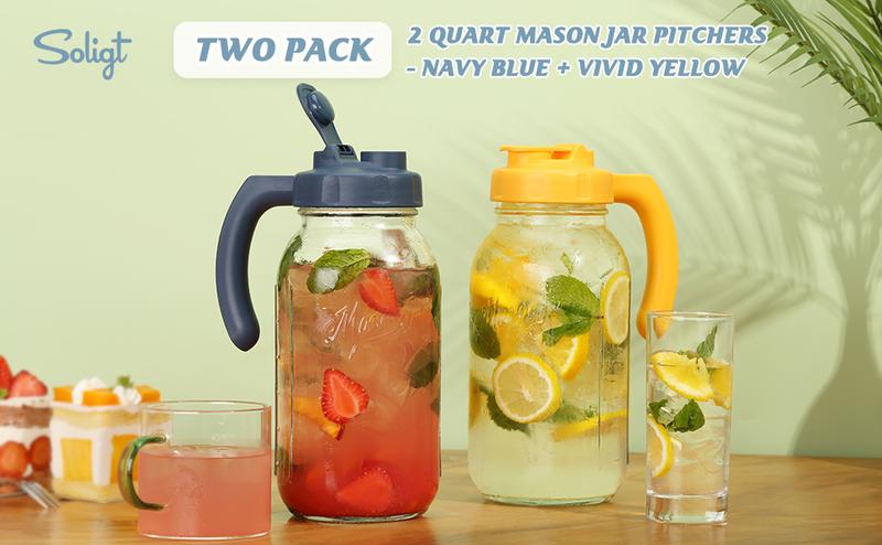 SOLIGT Mason Jar Pitcher with Handle, 64oz Wide Mouth, Airtight & Dishwasher Safe, Cold Brew Coffee Maker Pitcher, Glass Pitcher for Homemade Iced Tea Drinkware Jugs Lemon Tin Christmas Gift Ideas