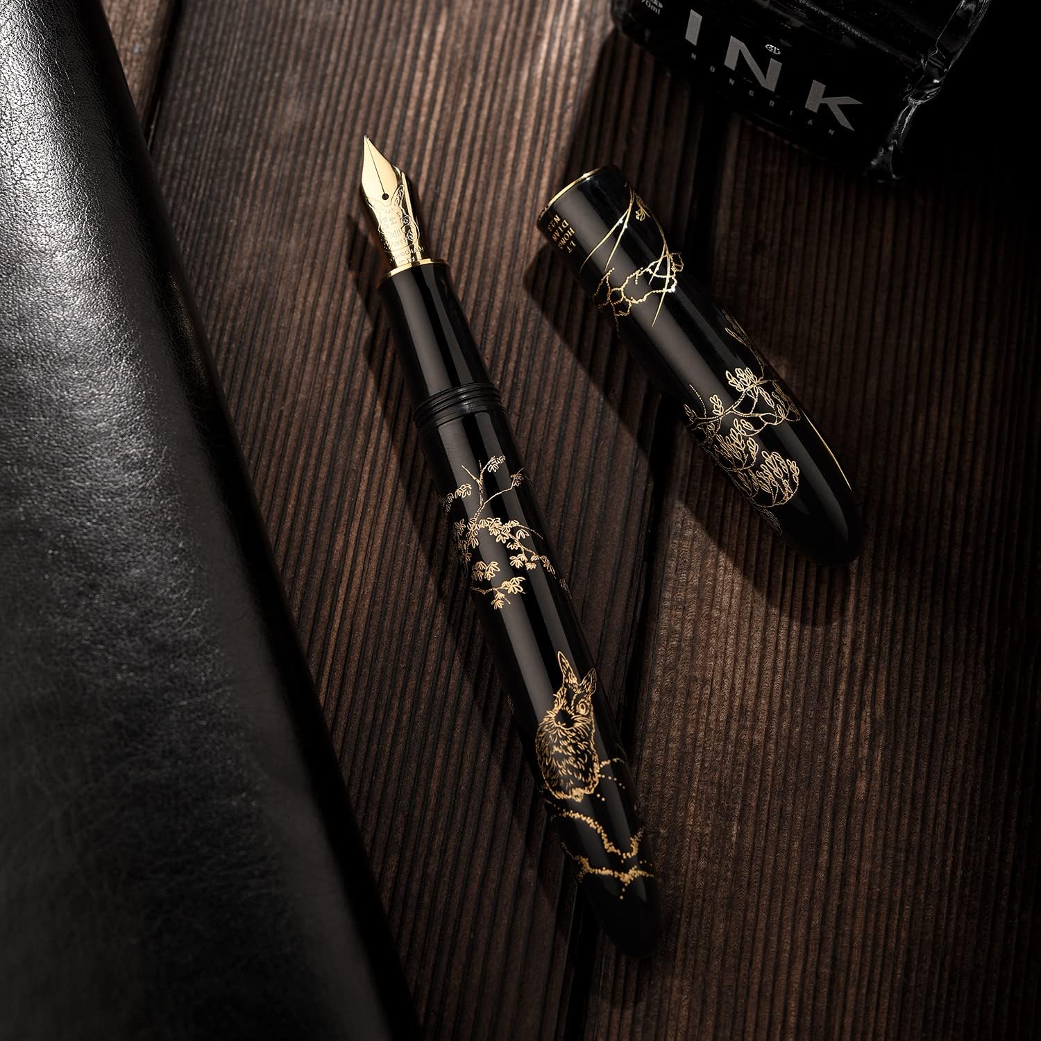 N23 Black  Fountain Pen, Long  Medium Nib  Trim,  Year Lucky  Carving Design, Smooth Writing Pen with Converter and Metal Pen Box Set