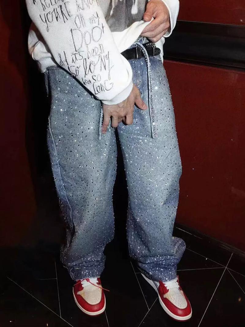 Men's Light Blue Rhinestone Loose Jeans, Full Embellished Bling Effect, Perfect Gift for Shiny Boyfriend, Street Style, All Seasons