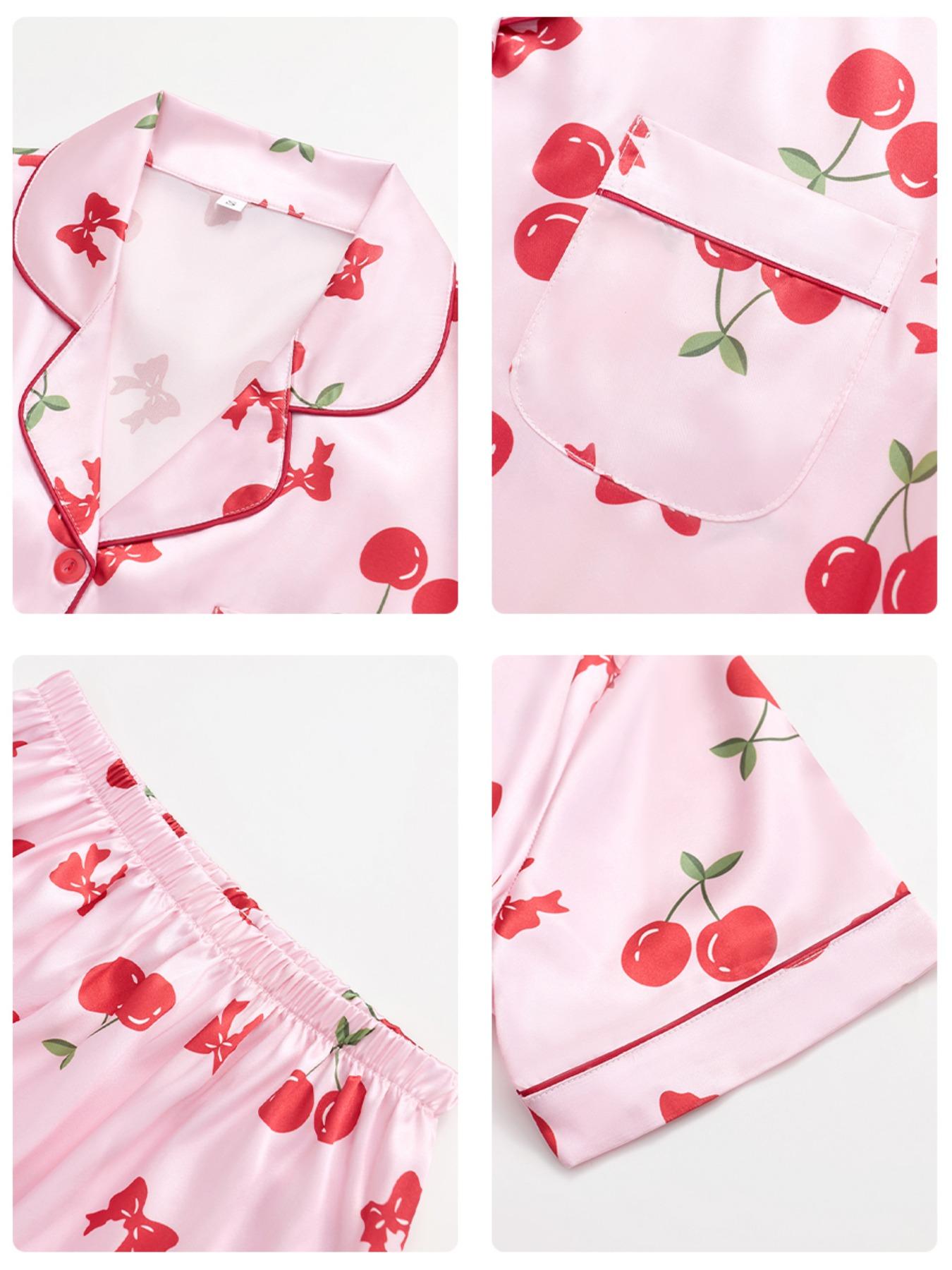 Women's Cherry Print Pajama Set, Cute Comfortable Short Sleeve Button Front Top & Elastic Waist Pants Shorts, Breathable Sleepwear