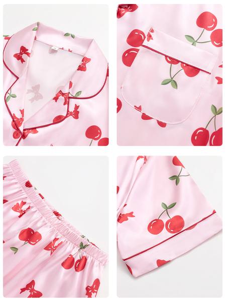Women's Cherry Print Pajama Set, Cute Comfortable Short Sleeve Button Front Top & Elastic Waist Pants Shorts, Breathable Sleepwear
