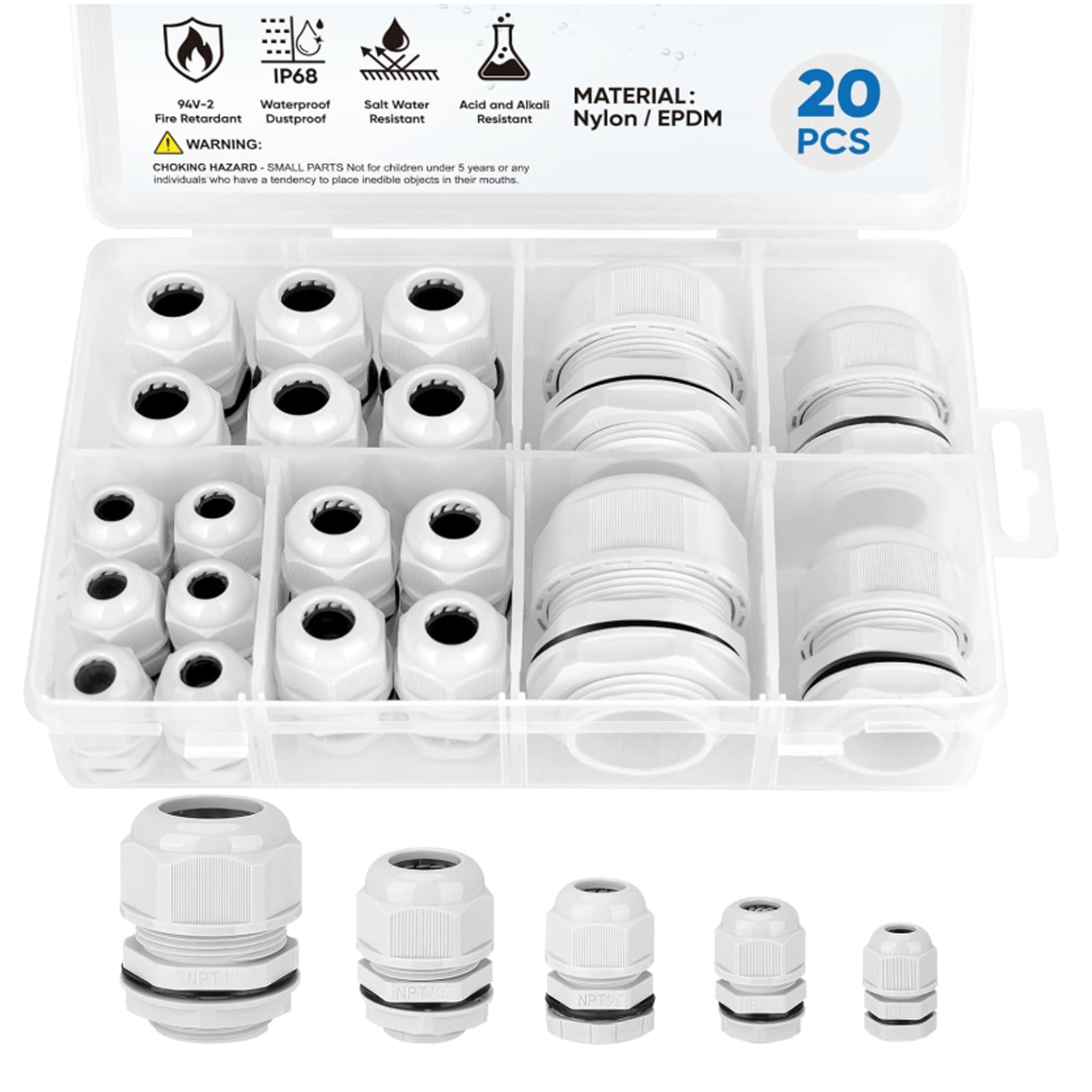 20 Pcs IP68 Waterproof Cable Gland Kit Nylon NPT Adjustable Cable Connectors Assortment 1/4” 3/8” 1/2” 3/4” 1“ for Waterproof Junction Box Wire Pannel (Grey, 20 Pcs)