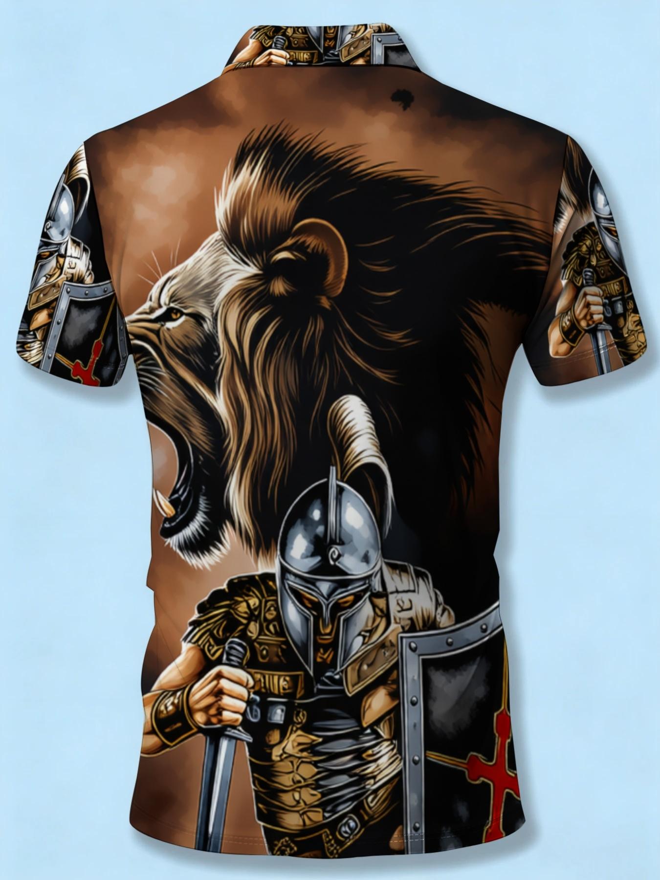 Men's Short Sleeve Polo Shirt with Lion Knight Pattern, 3D Printed Trendy Casual Top, Summer Personalized Men's Clothing