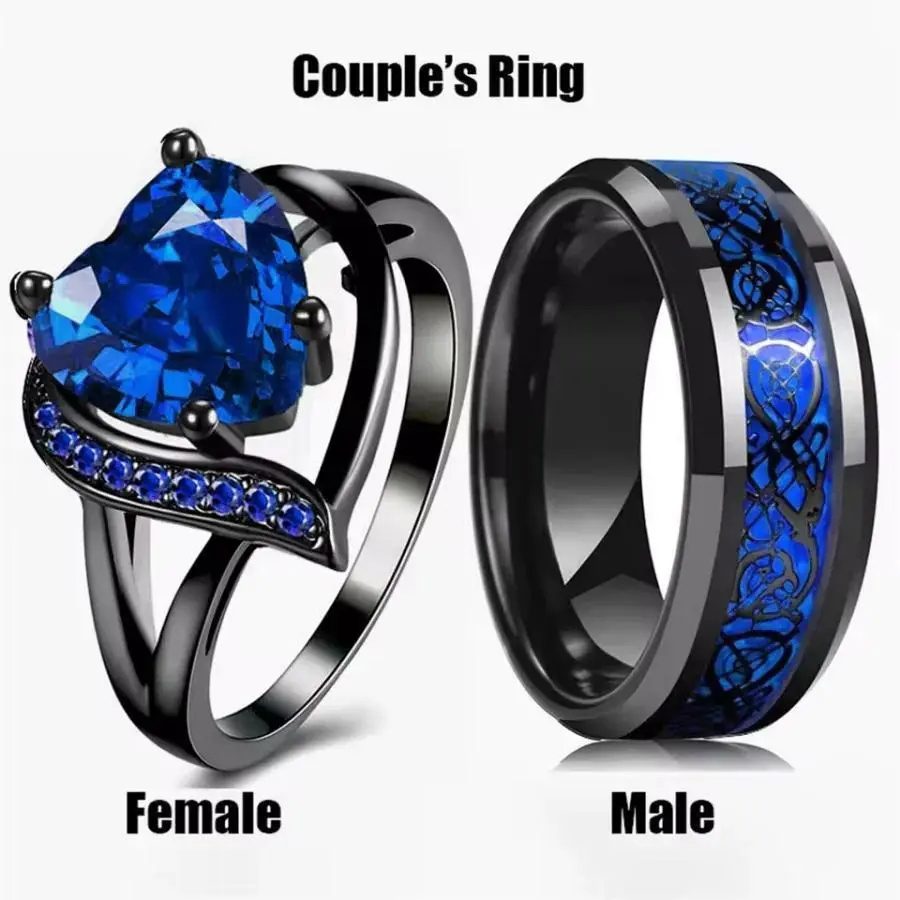 Fashion Couple Rings Romantic Women Heart Blue Rhinestones Zircon Ring Men Stainless Steel Celtic Dragon Ring Jewelry Wholesale
