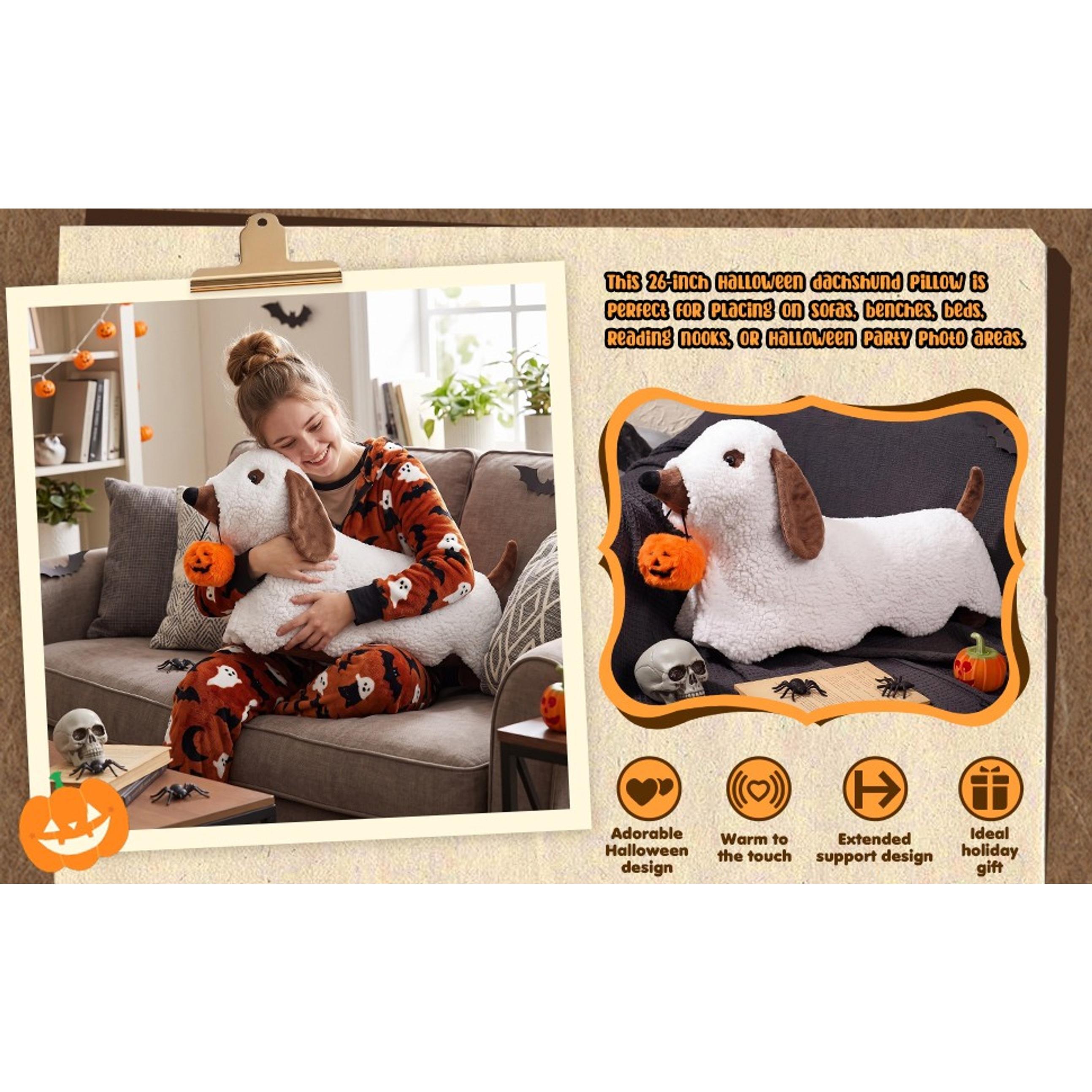 Leinuosen 26 Inch Halloween Dachshund Pillows Wiener Dog Ghost Decoration | Halloween Ghost Dog Pillows, White Soft Plush Sherpa, 3D Fluffy Cute Spooky Holding Pumpkin Gifts, Sofa Couch Bed Indoor Home