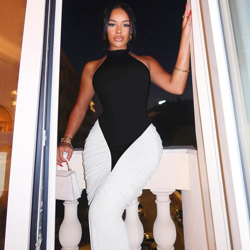 Women Summer Sexy Party Club Evening Halter Colorblock Backless Bodycon Long Dress Bodycon Dresses