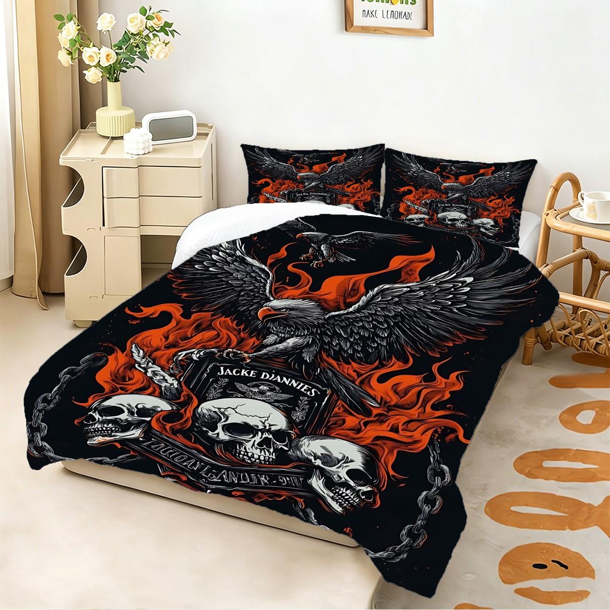 Dark Gothic Eagle Skull Bedding Set, 2/3 Pcs Comforter & Pillowcases, No Pillow Core, All‑Weather Comfortable Comforter Set, Ideal for Guest Bedroom, Boys Room, Game Room, Holiday Gift, Trendy Heavy Metal Room Styling