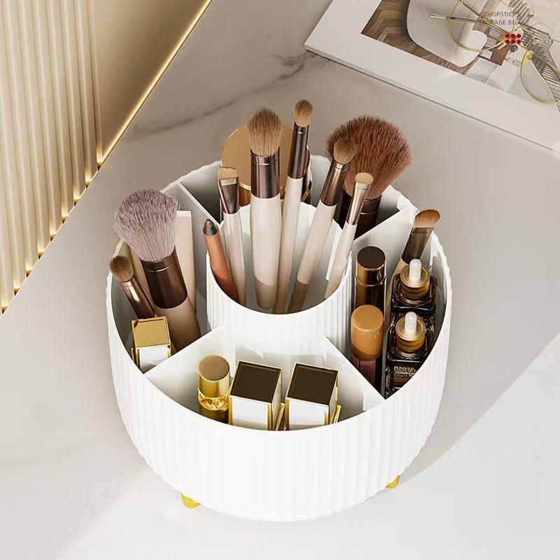 A 360 degree rotating cosmetics storage box - cosmetics storage box, display box with 5 compartments - multifunctional brush, lipstick, skin care and stationery storage box - durable and odorless luxury stripe design desktop storage box Organiser White