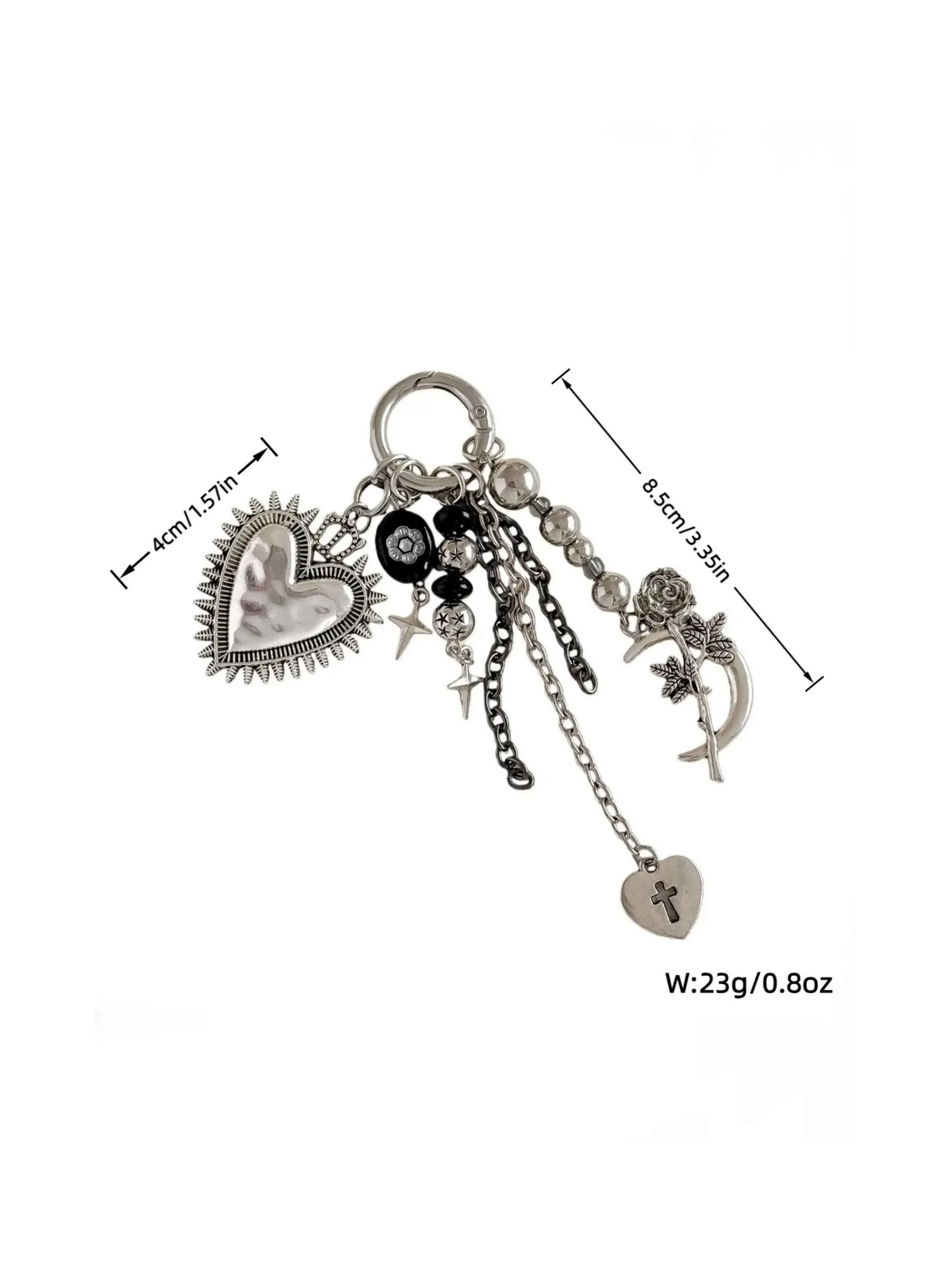 Gothic Vintage Heart Keychain, Y2K Dark Style Personalized Bag Charm, Silver Color Cross Rose Metal Pendant, Unique Accessory, Keychain Jewelry, Stainless Steel Keychain