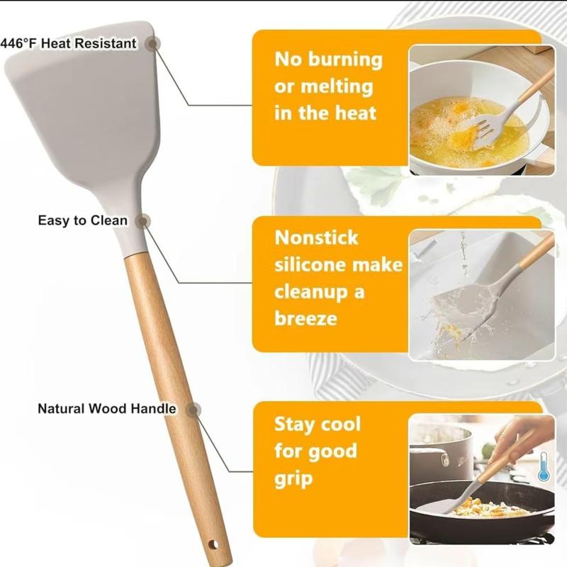 18 Piece High Quality Silicone Kitchenware SetWith Wooden Handle & Knife- Non-Stick CookingTools & Bamboo Storage Container -PerfectKitchen Tools For Easy Cooking & CleaningUtensils White Black Pink