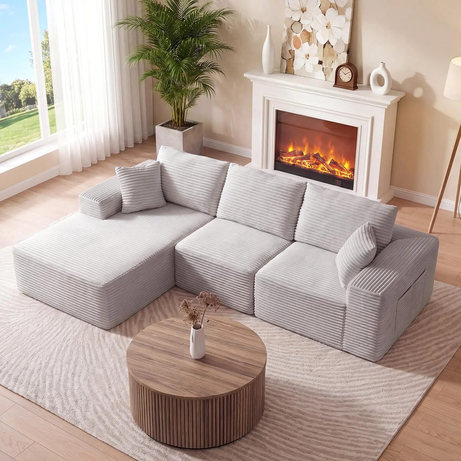 110" Boneless Cloud Sectional Couch for Living Room, L Shaped 3 Seater Modular Corduroy Sofa with Chaise, Deep Seated Oversized Boneless Couches, Compressed Sofa in a Box, No Assembly, Grey/White/Black