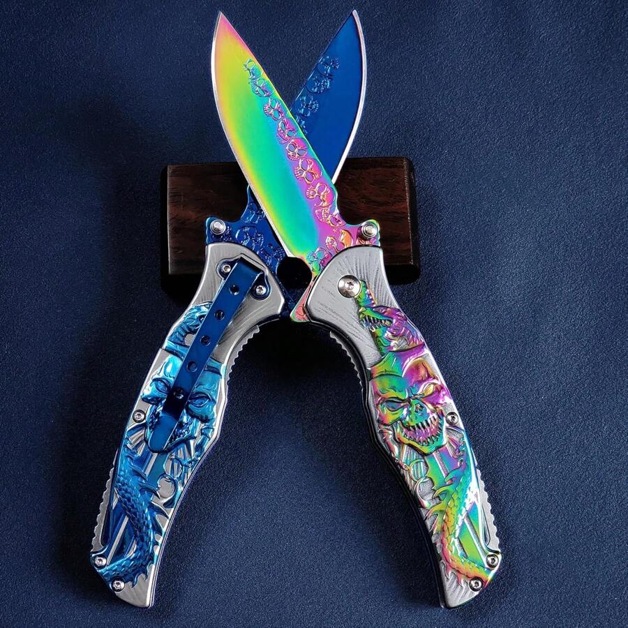 Pocket Knife, Cool Pocket Folding Knife With 3D TITANIUM-PLATED SKULL Patterns, Great Christmas Gift EDC Knife For Men Outdoor  Camping