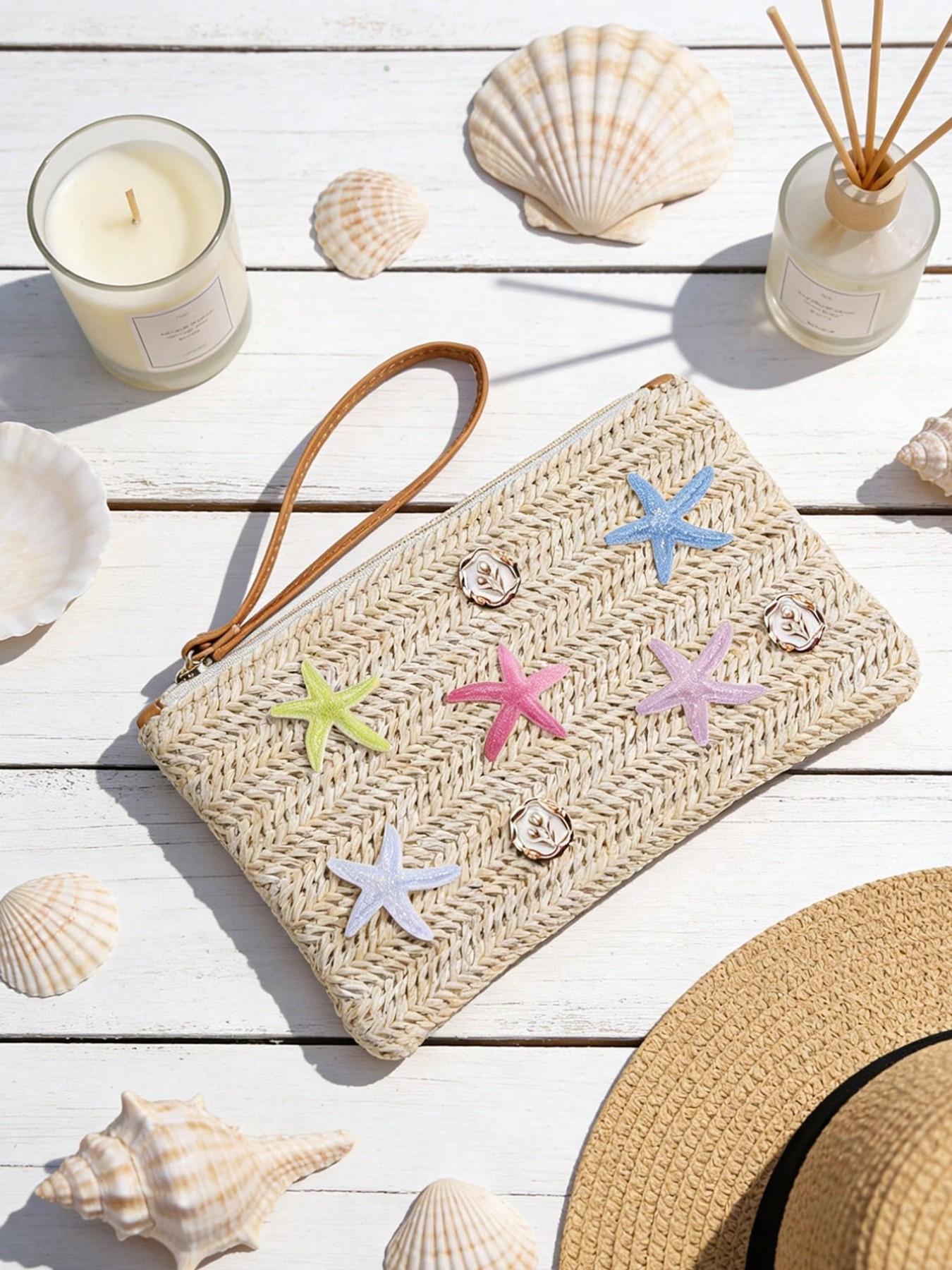 Boho Starry Straw Handbag, Colorful Star Decor, Beach Travel Bag, Summer Vacation, Casual Outings, Mother's Day Gift, Women & Teens