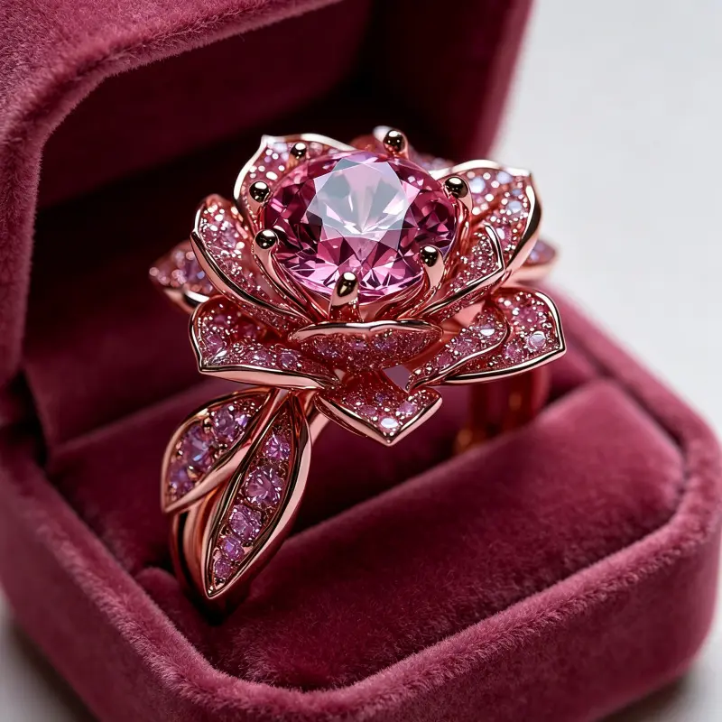 2026 New Women’s Adjustable Trendy Sparkling Rose-Gold Tone Ring - 3D Rose Shape, Paved Pink Crystal, 6-Prong Setting Simulated Moissanite, Luxury Hand Jewelry for Date Night & Party Styling, Adjustable Trendy Rings, Sparkling Rings
