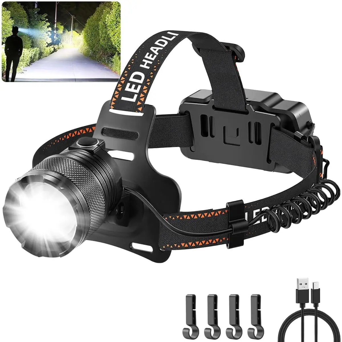 3000 Lumen Rechargeable LED Headlamp for Adults, All Aluminum Body, 12+ Hours Long Runtime, Zoomable Beam, 90° Adjustable Angle, 4 Lighting Modes Outdoor Head Torch