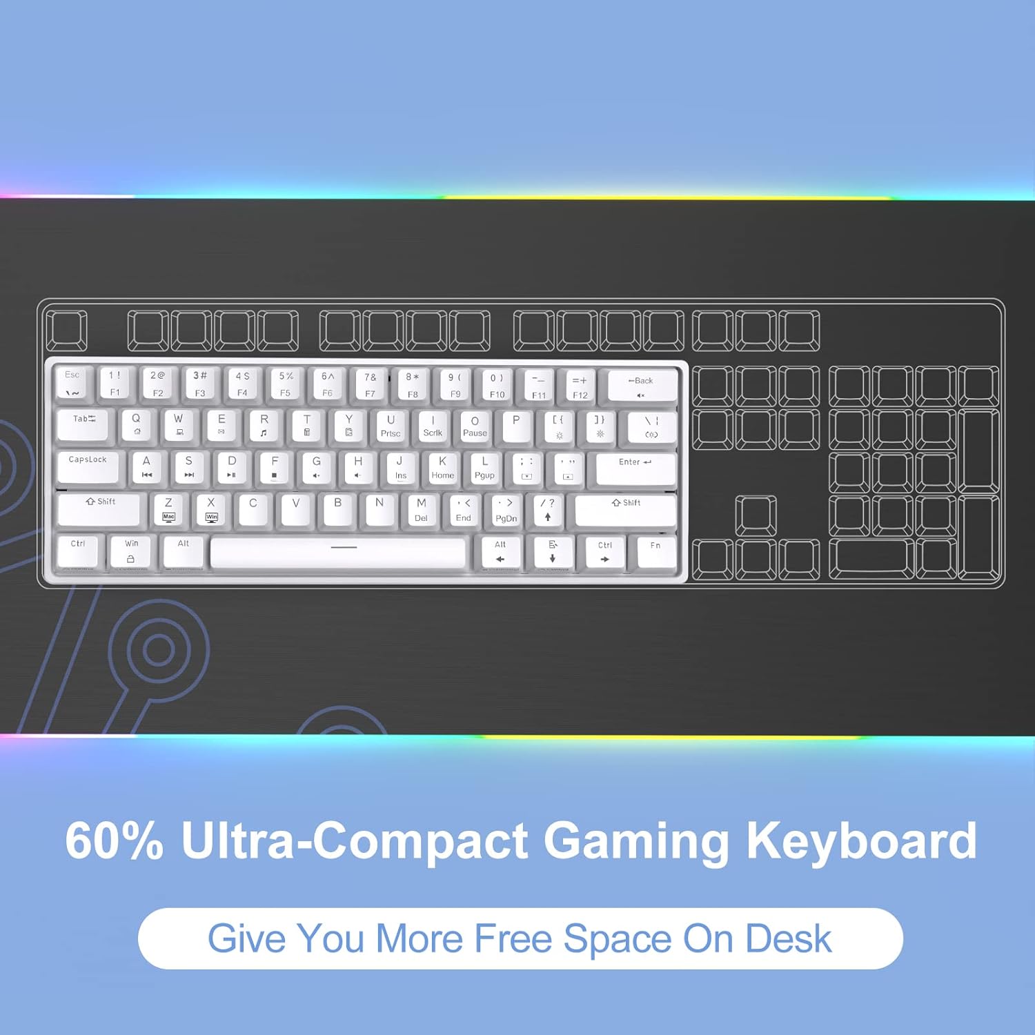 60% Mechanical Keyboard, DK61se Wired Gaming Keyboard with Red Switches, LED Backlit Ultra-Compact 61  Mini Office Keyboard for Windows Laptop PC Gamer Typist(White)