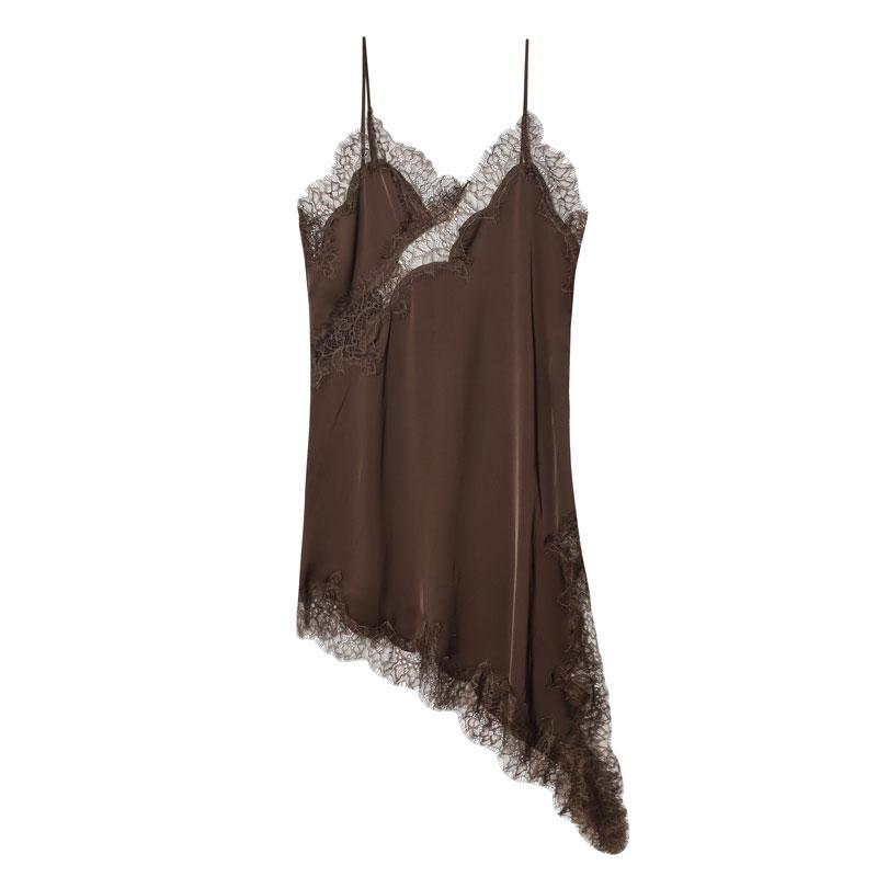 Women's Summer Asymmetrical Beach Midi Dress, Lace Strapless Satin Long Dress, Elegant Formal Sleeveless Patchwork Dress