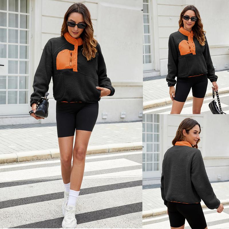 Buenoble Womens Fuzzy Fleece Pullover Sherpa Sweatshirt Long Sleeve Button Down Sweater Winter Fleece Jacket with Pockets