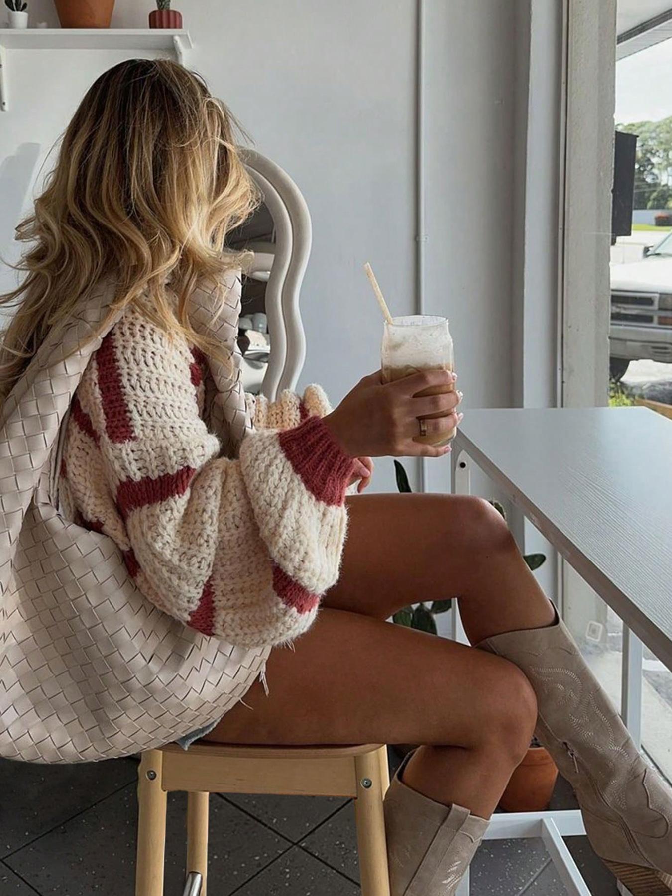 Women's Asymmetrical Neckline Colorblock Striped Lantern Sleeve Sweater, Casual Loose-Fit Knitted Pullover Knitwear for Fall & Winter