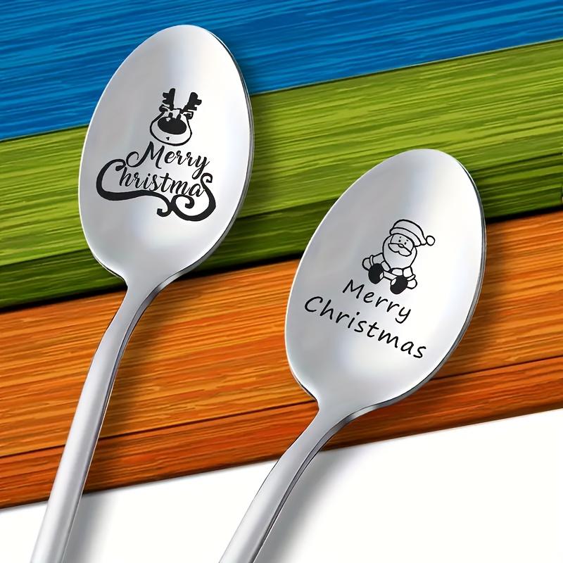 4pcs Stainless Steel Long Handle Spoons with Christmas Tree & Reindeer Carving, Perfect for Coffee Ice Cream Kitchen Use, Ideal Gift Set