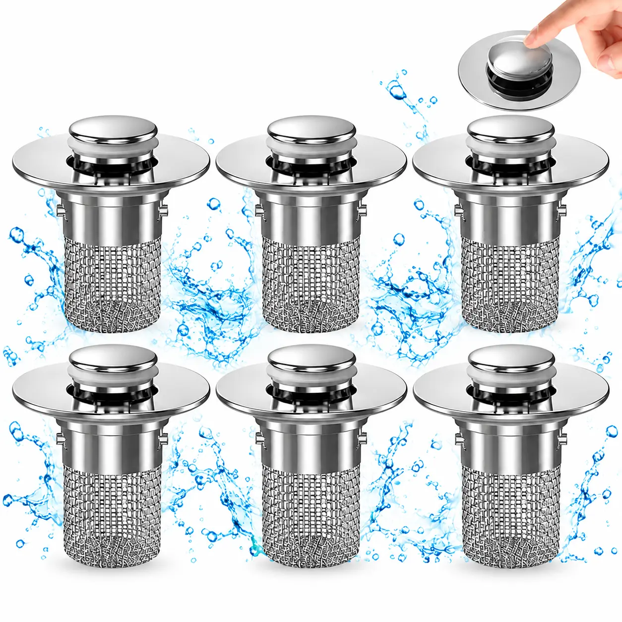 GMOX 2/4/6 Pack Pop-Up Bathroom Sink Drain Strainer, Stainless Steel Hair Catcher Basket with Brass Drain Plug, Universal Fit for US Bathroom Sinks, Bathtubs, Showers & Floor Drains