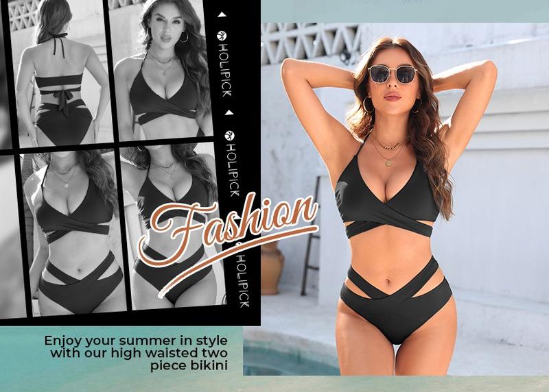 Holipick Two Piece Bikini Sets for Women High Waisted Bikini Push Up Swimsuit Halter Wrap Criss Cross Bathing Suit Triangle Bikini Top Bandage Tie Front Swimsuit with V Cut Bikini Bottoms Twist Front Bikini Top with Full Coverage Bottom