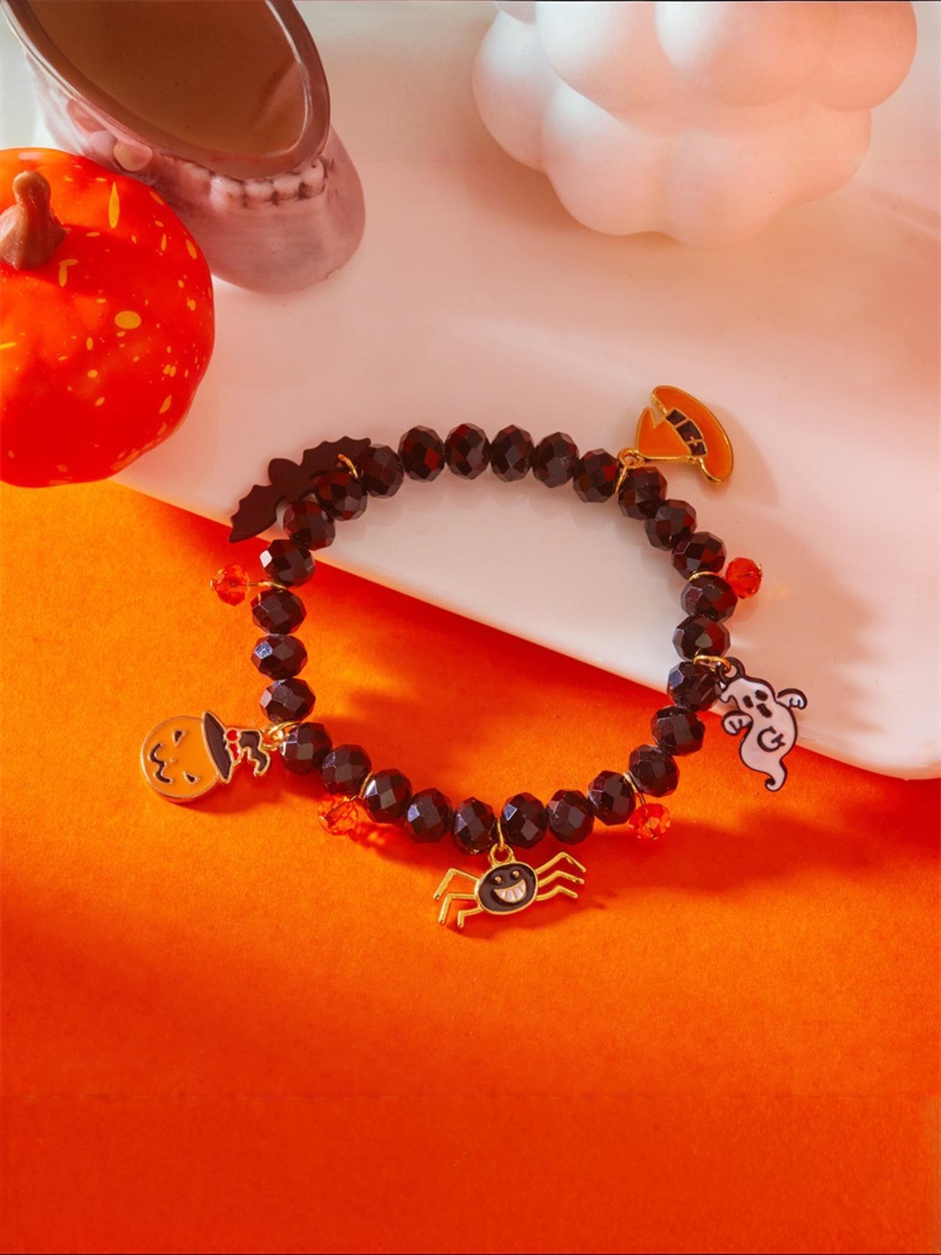 New Halloween Bracelet, European and American Style Beaded Wristband, Festival Pumpkin Ghost Pendant Bracelet, Perfect for Halloween Celebrations