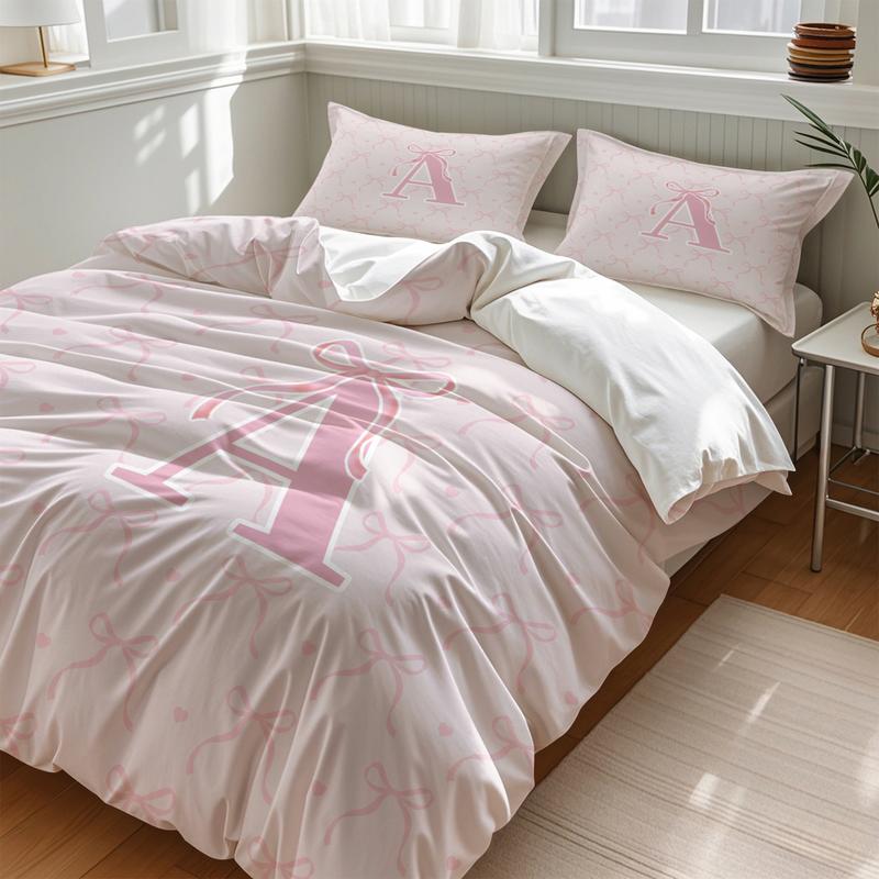 Pink Bow Print Bedding Set, Fashion A-Z Letter Print Design, Includes 1 Duvet Cover and 1/2 Pillowcase, No filling/Zipper Closure, Perfect Creative Bedroom Decoration Kit for Girls, Full Size, Bedsheet Sets