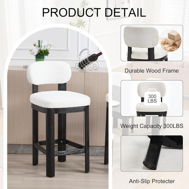 Mid Century Modern Bar Stools Set of 2 – Teddy Fabric Upholstered Chairs with Back, Counter Height, White Fabric & Brown Legs for Kitchen/Dining