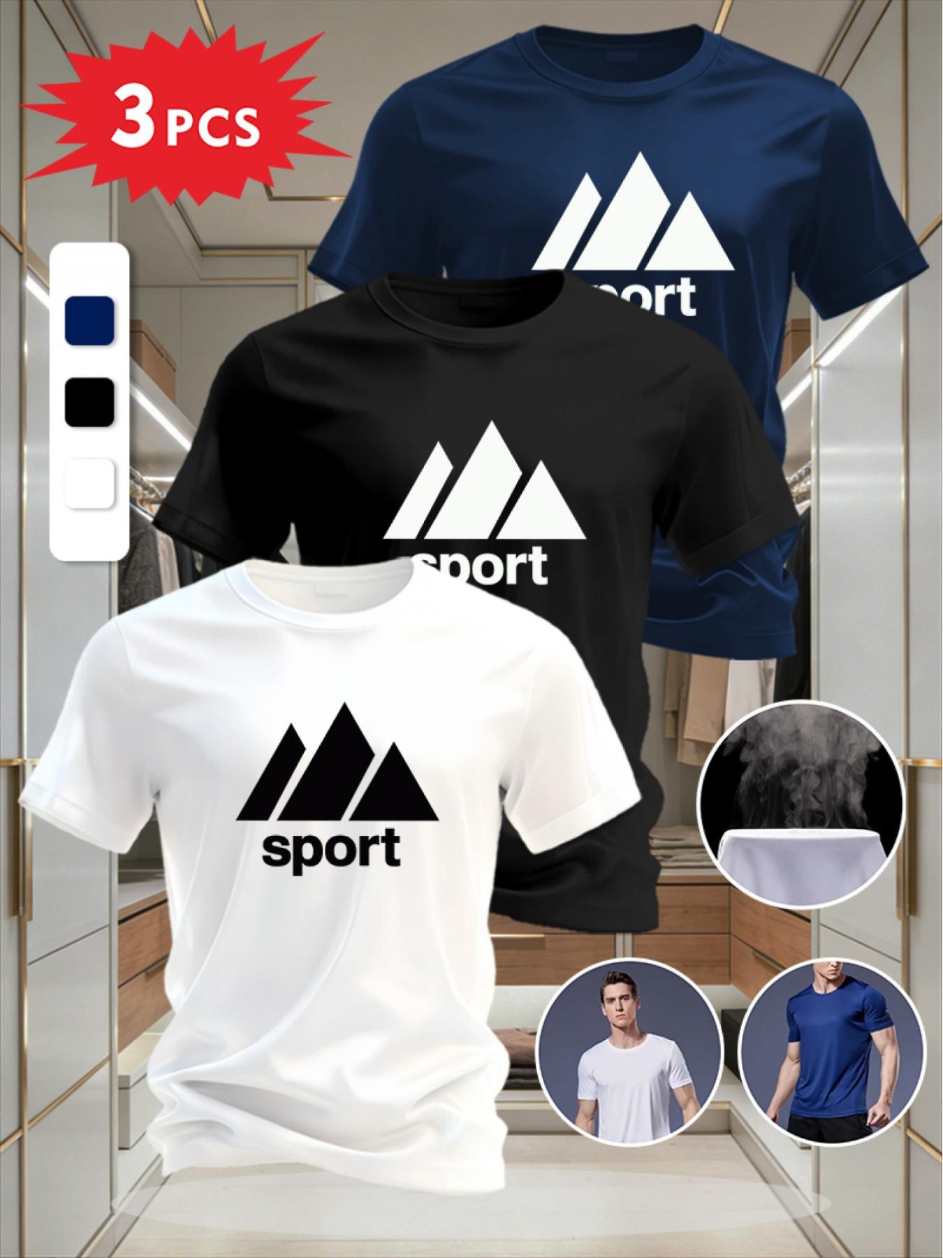 3-Pack Men's Casual Printed Short Sleeve T-Shirts, Breathable Sporty Fitted Tops, Trendy Streetwear Long-Sleeve Tee