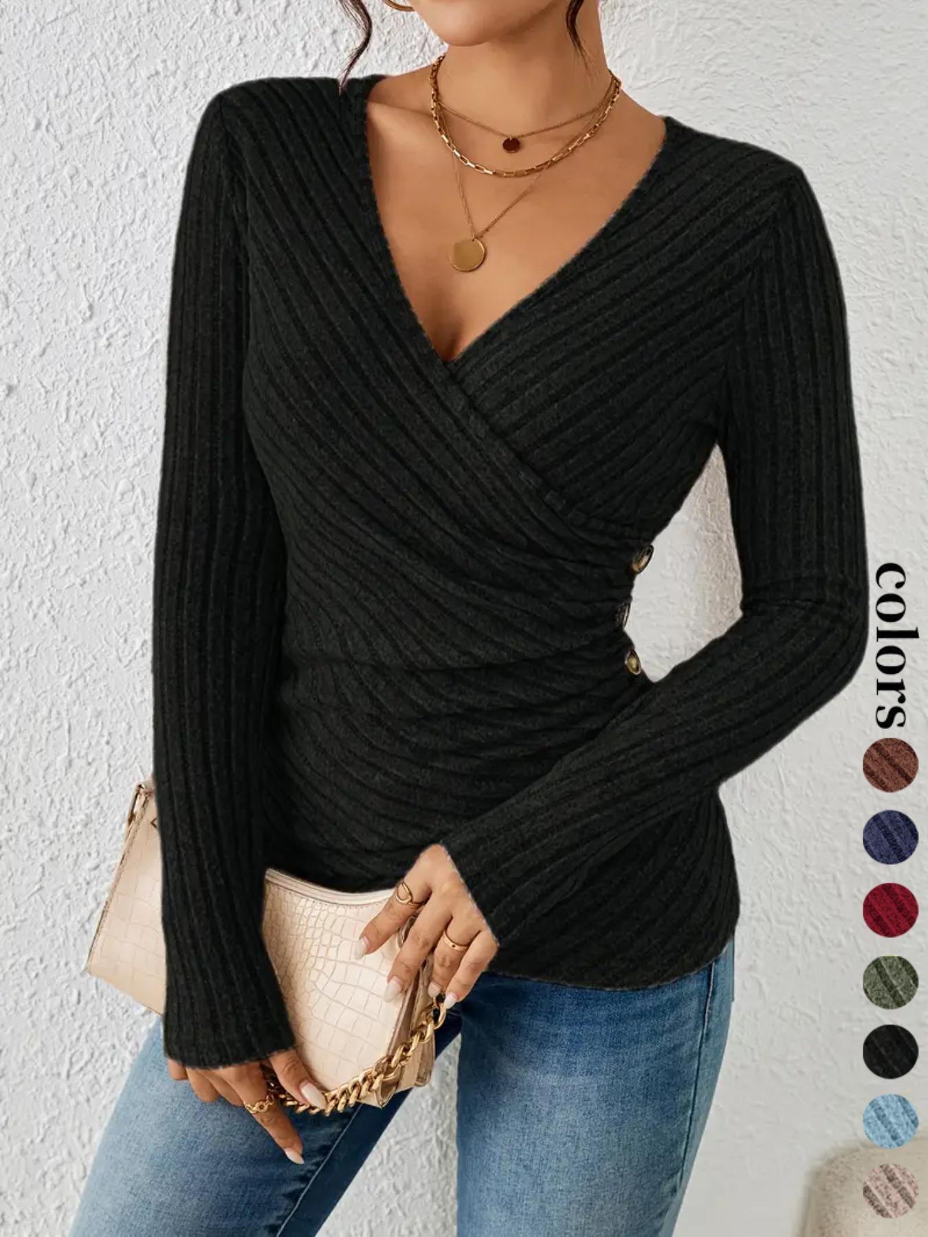 Women's New Style Solid Color Crinkle Cross Neck Long Sleeve Button Front Top, Casual Fashion Blouse for Daily Wear