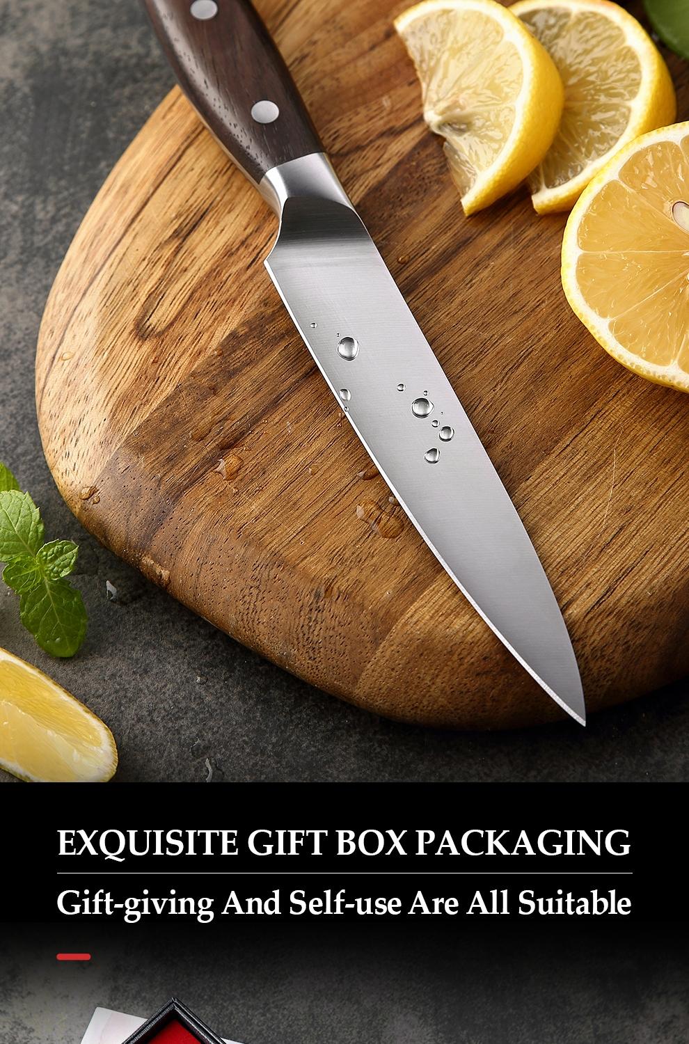 XINZUO Utility Knife. 5-inch compact design. Crafted with German 1.4116 steel, paired with red sandalwood handle. 6.0- 8.0 N cutting force. Comes in a beautiful gift box——Zhi Series