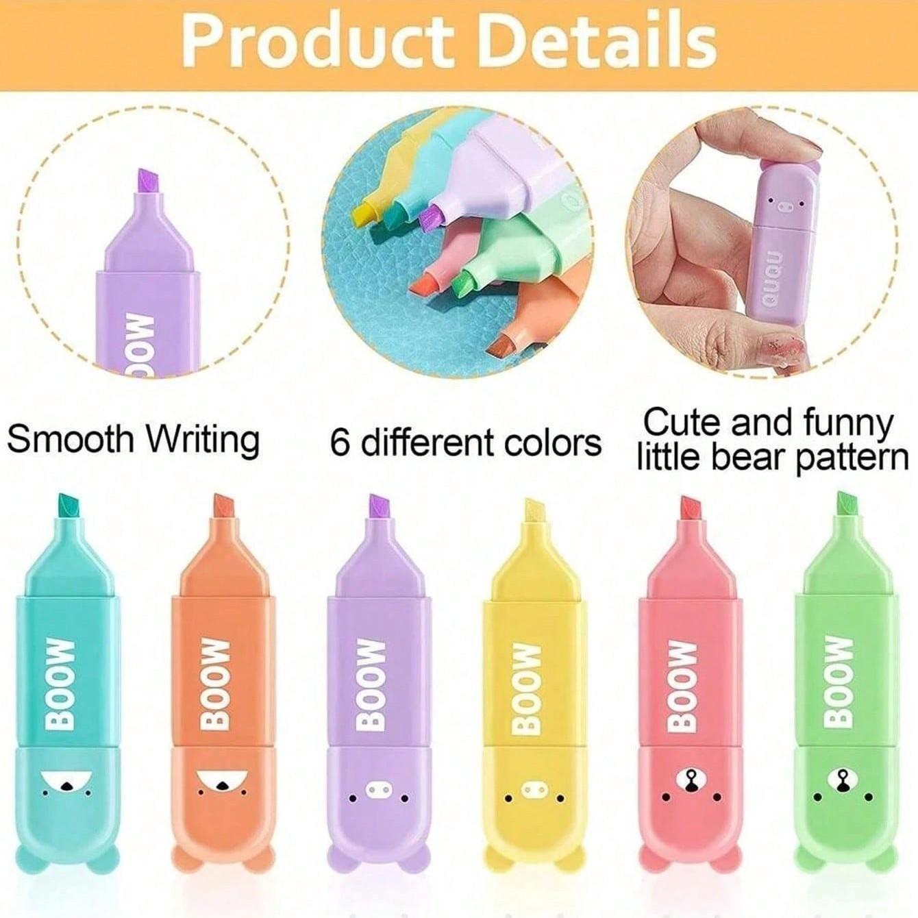 Cute Bear Design Highlighter Pen, 6 Counts/set Mini Colorful Highlighter Pen, Writing Pen for Students, School, Office, Home