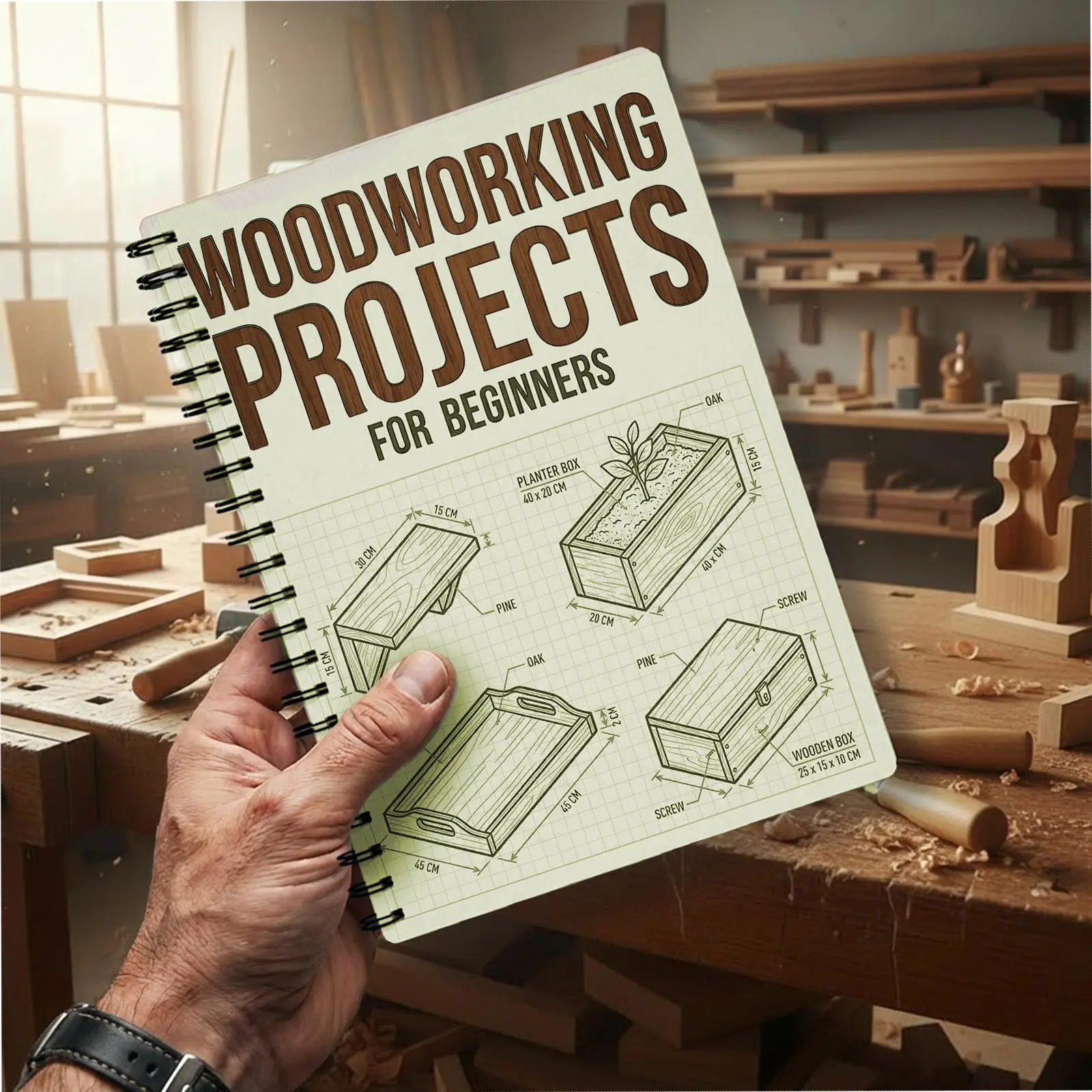 A woodworking project plan for beginners with detailed guides, Design, Tutorial, illustrations, and templates with measurements to create functional and aesthetically pleasing wooden objects