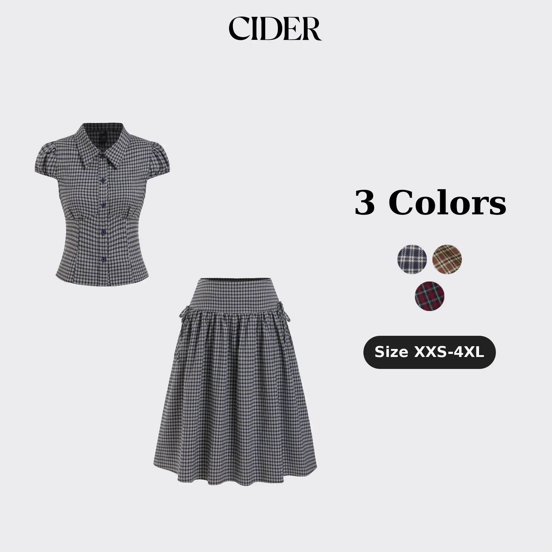 Cider Gingham Top & Low Rise Drawstring Ruched Midi Skirt Set