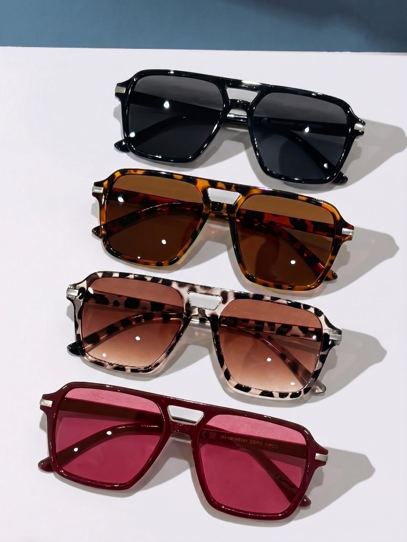 4 Pairs Multicolor Fashion Trendy Casual PC Frame Sunglasses, Dual Bridge Pilot Square Eyewear, Retro Hong Kong Style, Ideal for Daily Commute, Street Photography, Vacation Photoshoots and Dates