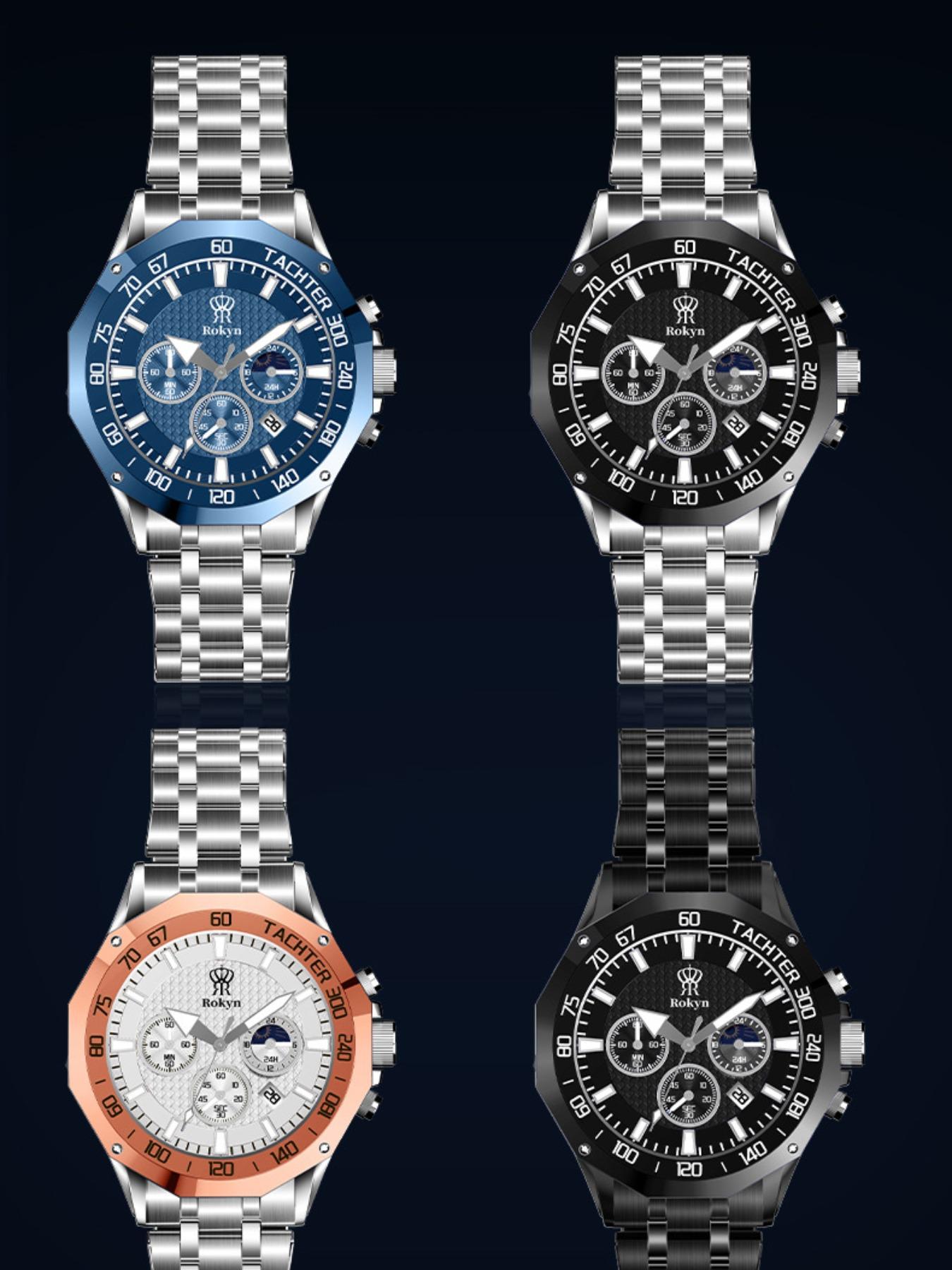 Rokyn Multifunctional Steel Band Quartz Watch, Waterproof Night Glow Moon Phase Timer, Men's Three Eye Six Needle Wristwatch