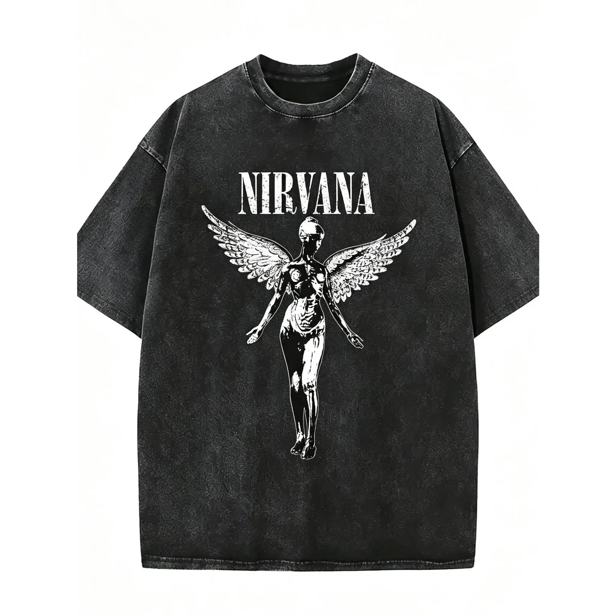 Vintage-wash Nirvana Angel graphic T-shirt; a loose-fitting, 90s grunge-rock style tee-perfect as a gift for music fans. Washable Unisex T-shirt