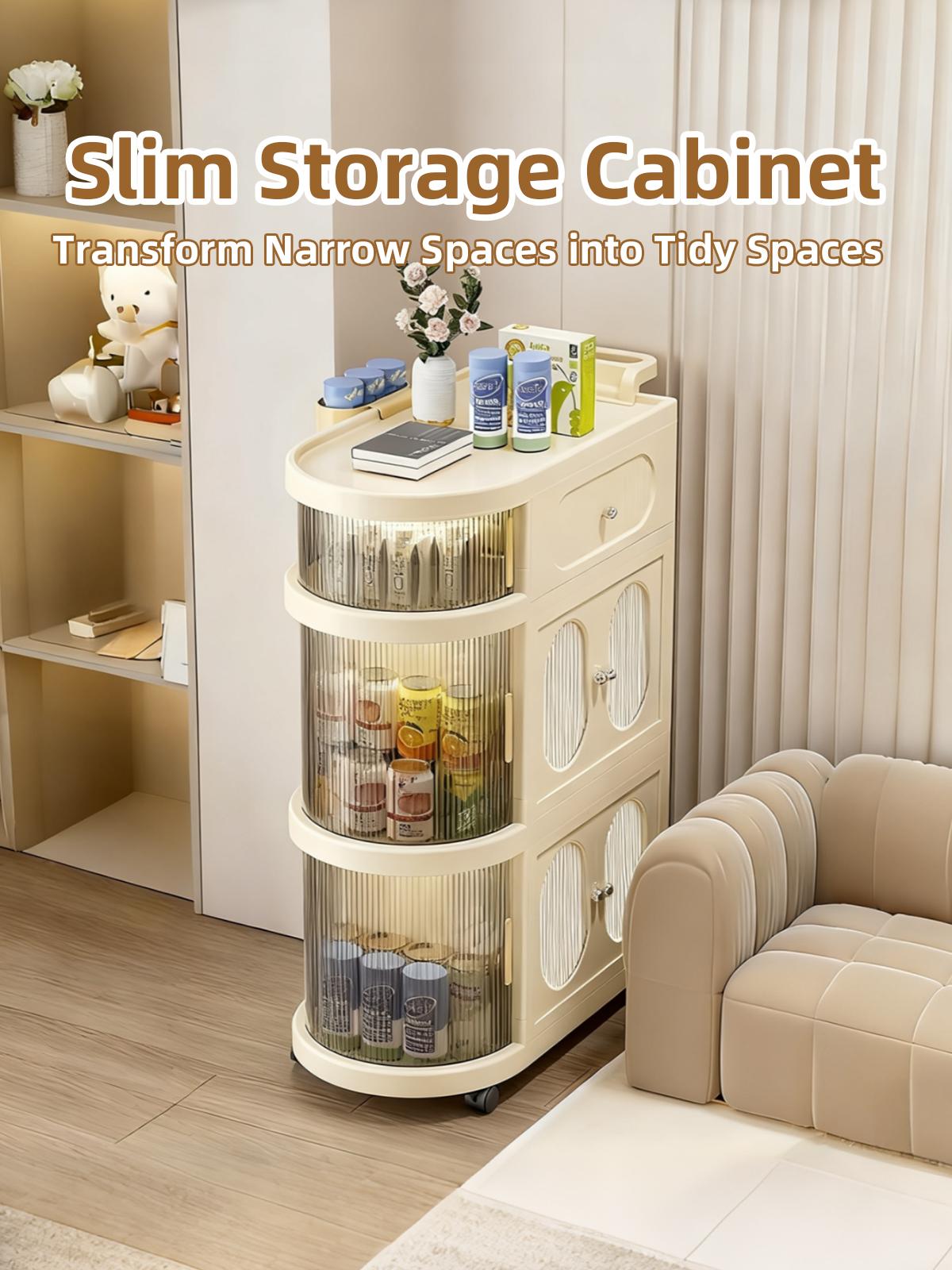 Multi-Layer Slim Storage Cart with Magnetic Doors - Portable Cabinet on Wheels with Handle, Large Capacity Organizer for Toys & Diapers, Foldable Trolley for Kids Room & Hallway, Easy Install Storage System