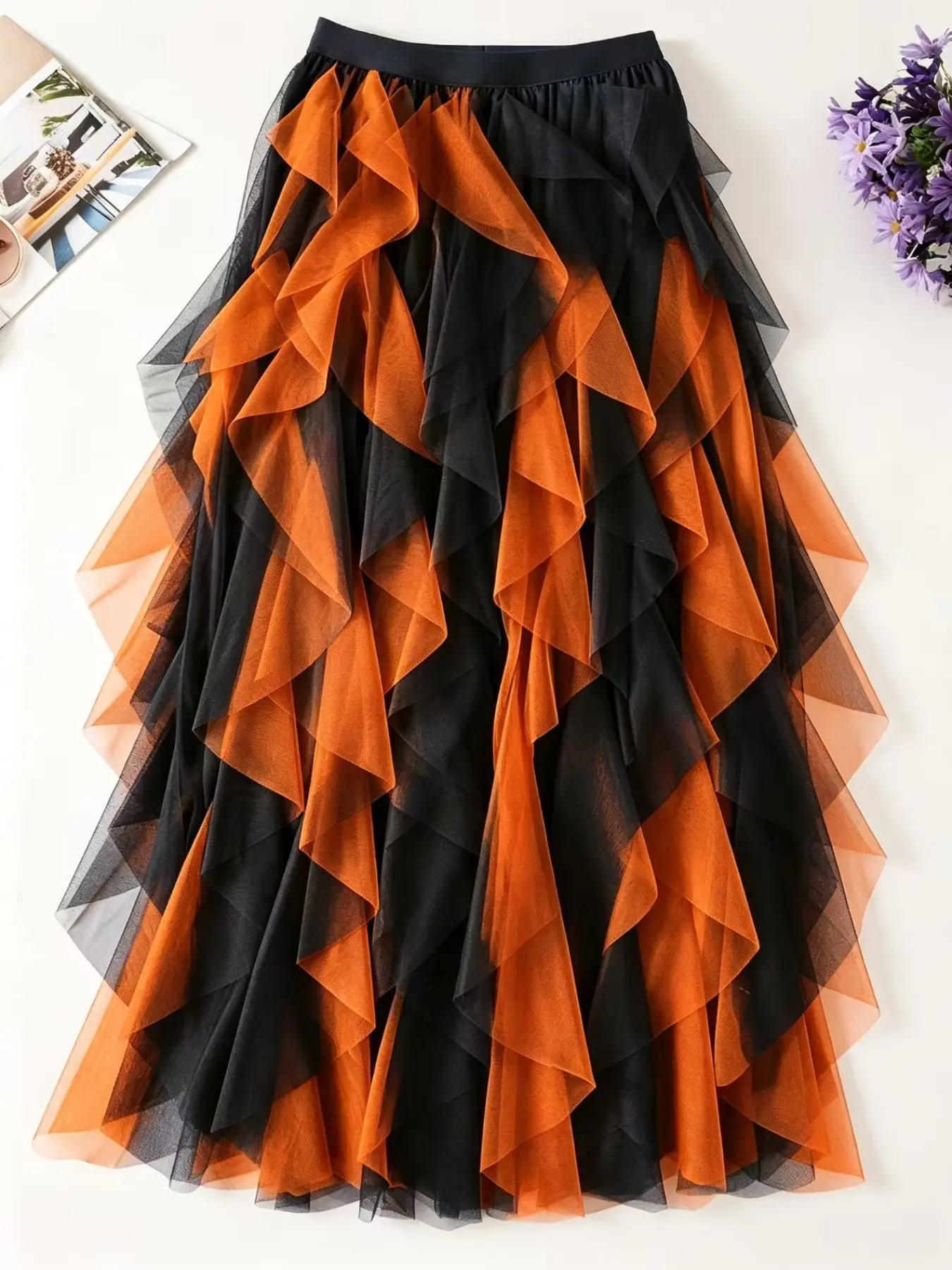 1 Pcs Halloween Black Orange Patchwork Tulle Skirt, Dark Fairy Style, Asymmetric Ruffle Maxi Skirt, Soft Mesh with Black Inner Lining, For Carnival Dress Up, Asymmetrical Hem Skirt