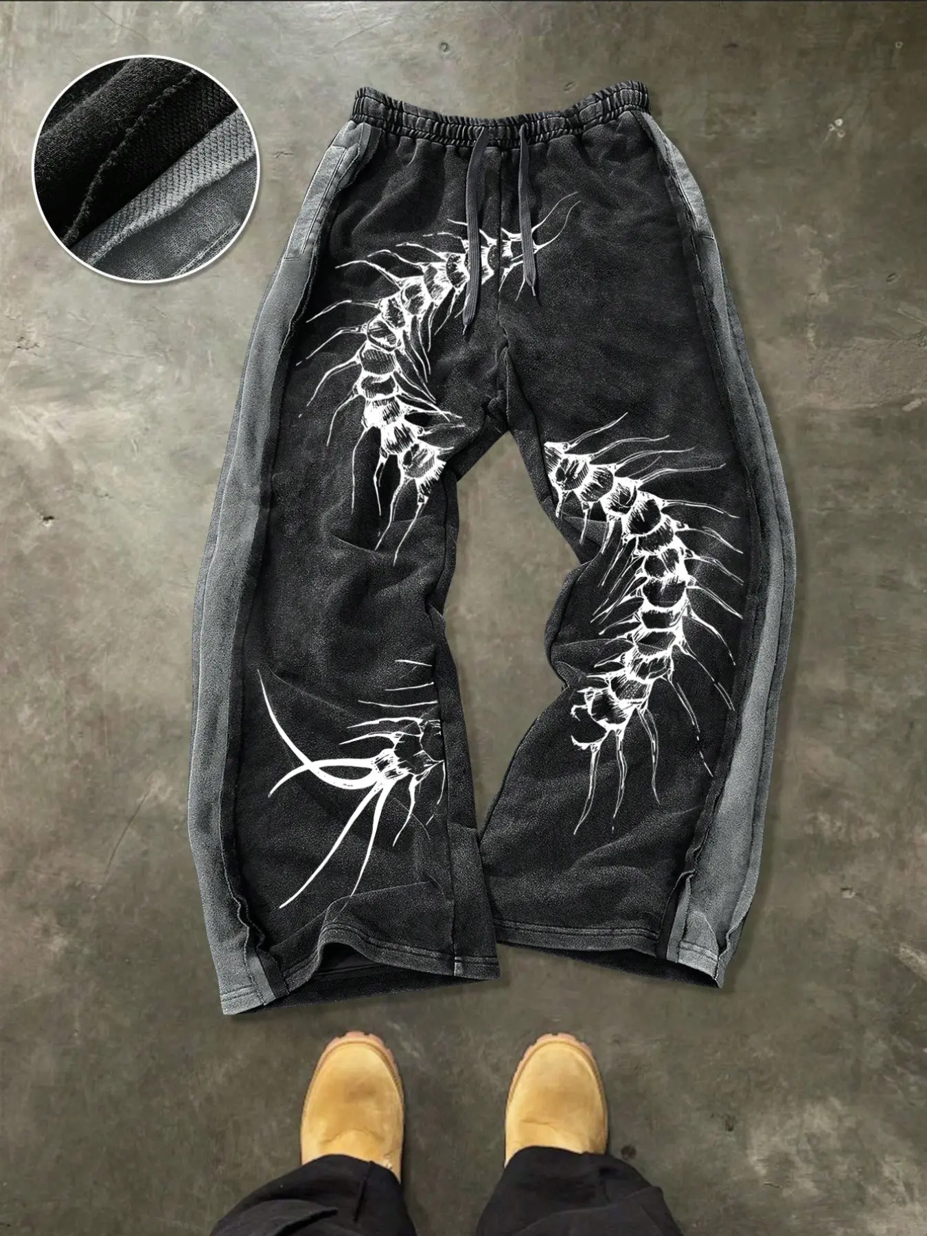 2026 Fall Unisex Oversized Wide Leg Cotton Sweatpants, Gothic Centipede Print Patchwork Washed Vintage Streetwear Trousers, Y2K Grunge Hip Hop Stacked Pants for Men Women, Ideal for Daily Wear, Rave, Halloween & Black Friday Outfits