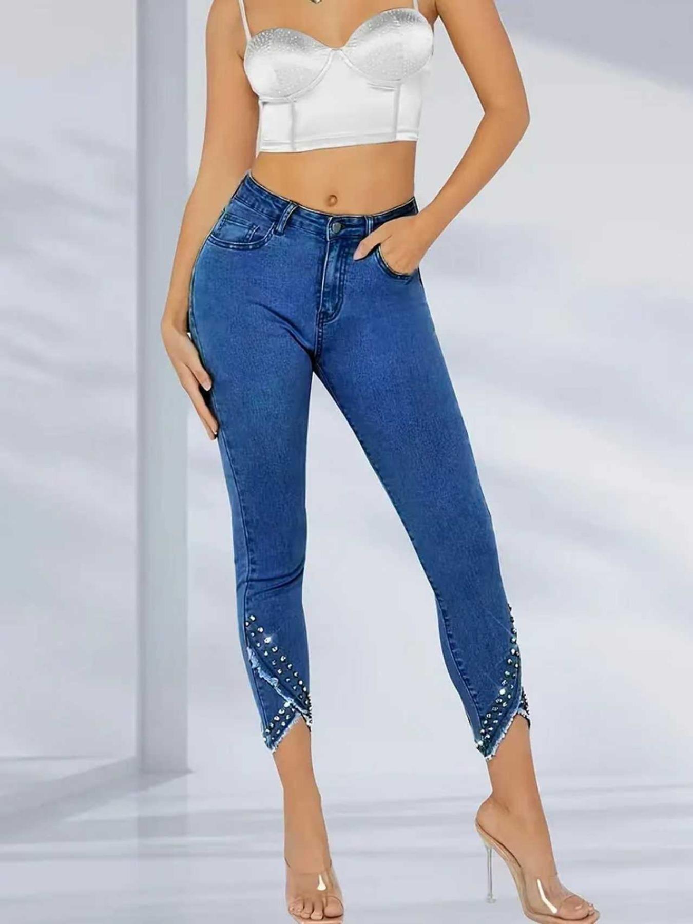 Women's Casual Denim Capri Pants with Rhinestone Hem, Tight Fit Skinny Long Jeans, Stylish Ladies' Fashion Bottoms, Trouser
