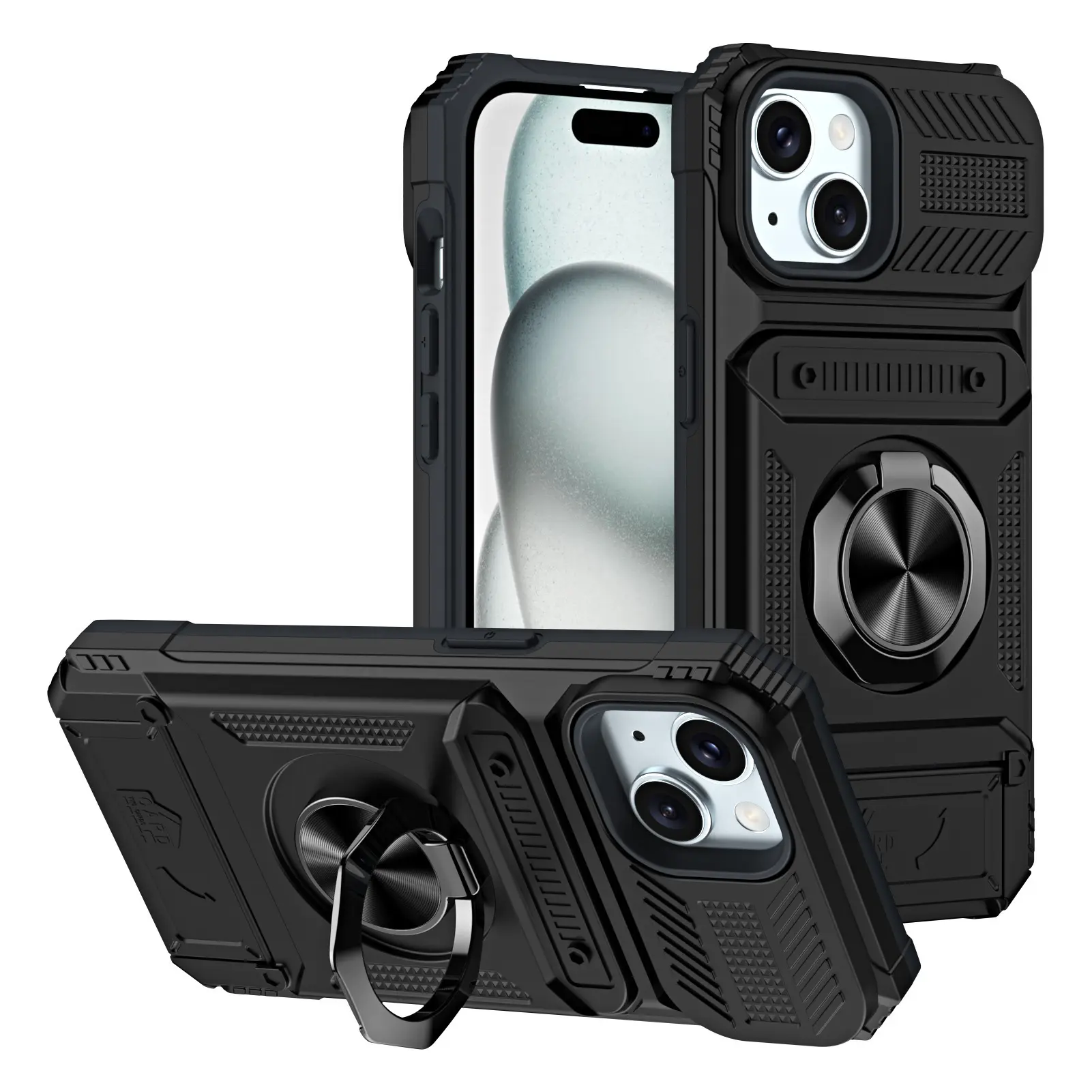 Heavy Duty Military Grade Polycarbonate Rugged Hard Phone Shell Accessories for iPhone 17-13, Slide Camera Cover, Built-in 360° Rotatable Ring Stand, Card Slot Holder, Fingerprint-Compatible Cover for Men