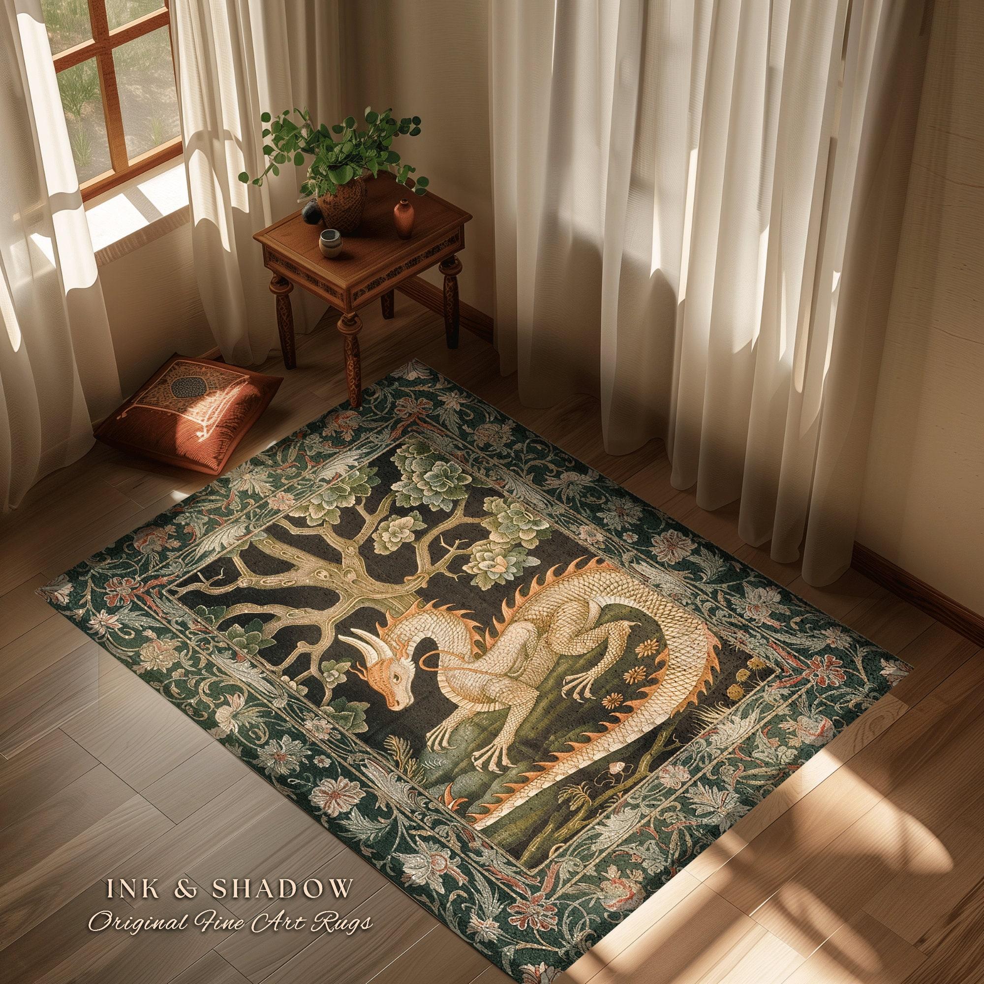 Vintage Medieval Dragon Floral Tapestry Flannel Area Rug - Gothic Mythical Creature Print Soft Mat for Living Room, Non-Slip Cottagecore Home Decor#MedievalDragonRug #FloralTapestryMat #GothicMythDecor #CottagecoreCarpet #NonSlipFlannelRug