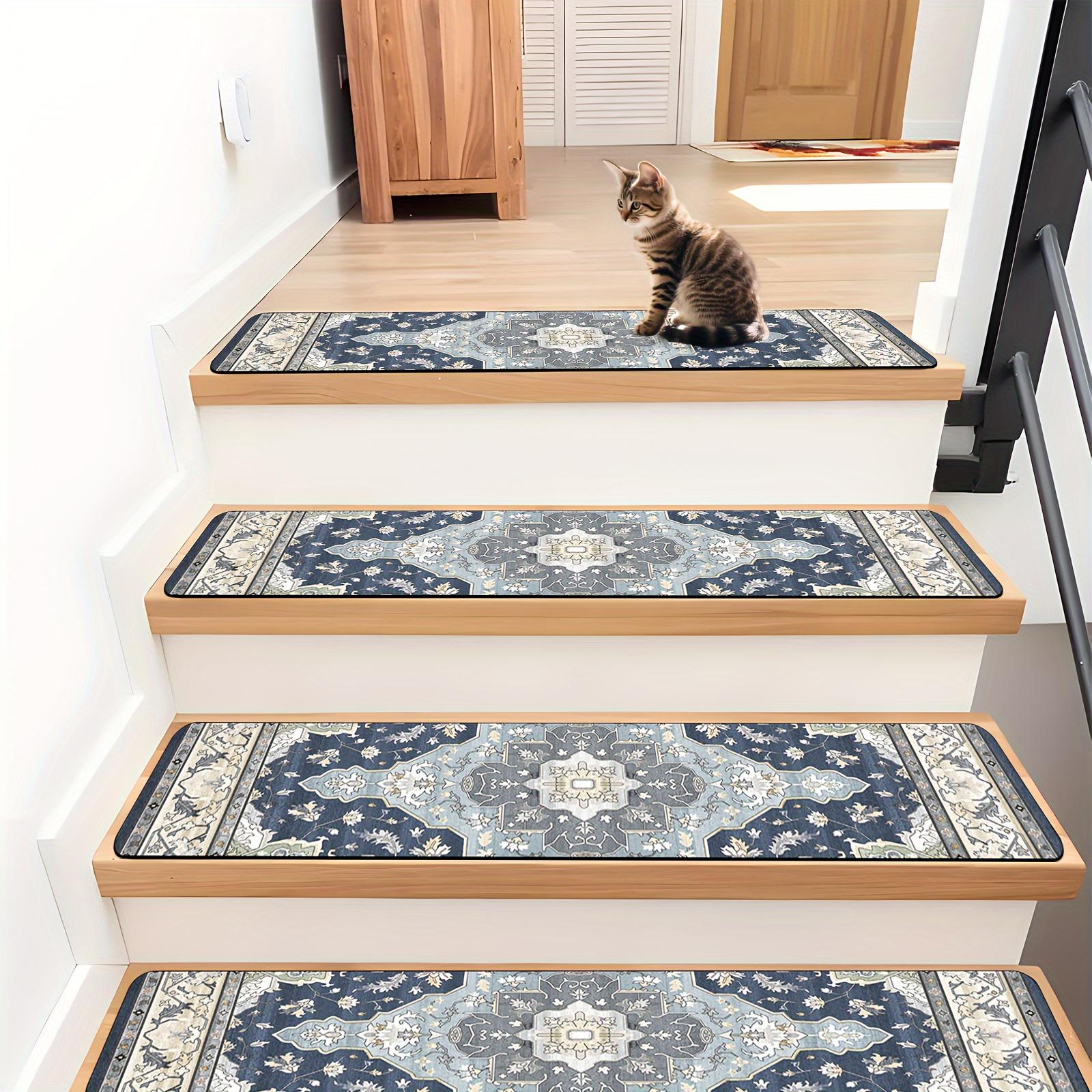 Non-Slip Stair Treads for Wooden Steps, 15PCS Boho Blue Carpet Stair Runners, Washable Stair Mats for Kids, Dogs, Elders, Indoor Stair Protectors with Adhesive, Vintage Floral Design