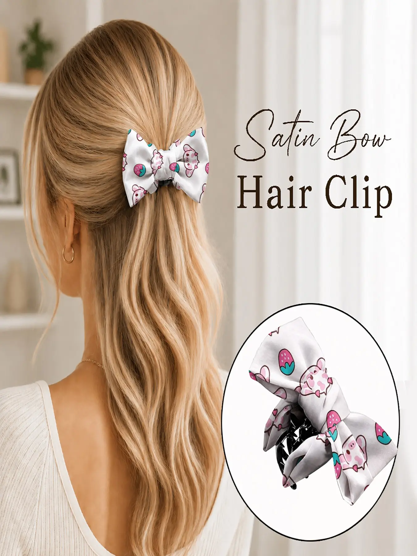 2pcs Cute Cow and Strawberry Print Satin Bow Hair Claw Clip, Sweet Half-Up Hairstyle Accessory, Everyday Hair Clip Gift for Women & Girls