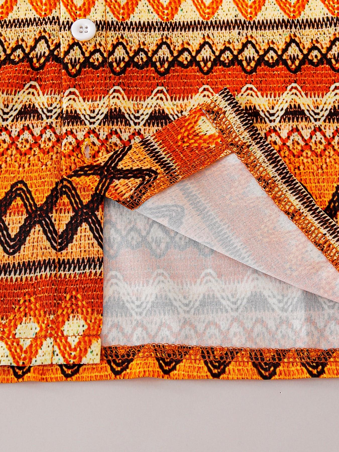 Boys Summer New Set, Button-Up Shirt with Geometric Patterns + Woven Texture Vacation Style Digital Print Casual
